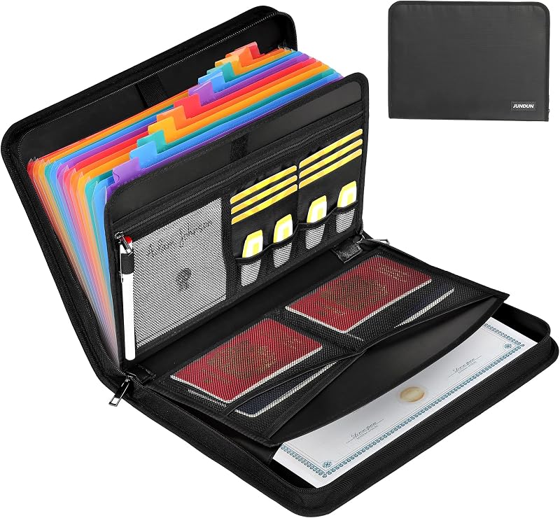 Organizador de archivos de acordeón – Carpeta de archivos expandible de 12 bolsillos con cremallera y etiquetas – Organizador de carpetas de archivos ignífugo con múltiples bolsillos, organizador de documentos para archivos de letras A4 y más
