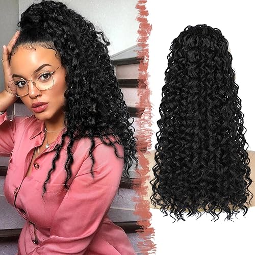 Miniatura 1 de LUNDEREN Drawstring Ponytail for Black Women Long Drawstring Ponytail Extension Curly Black Drawstring Ponytail Hair Extensions 18 Inch Ponytail