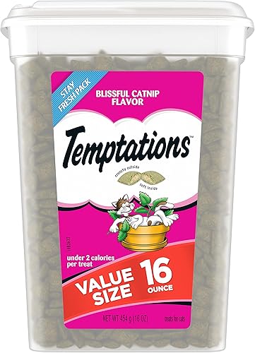 TEMPTATIONS Classic Crunchy and Soft Cat Treats Blissful Catnip Multiple Sizes
