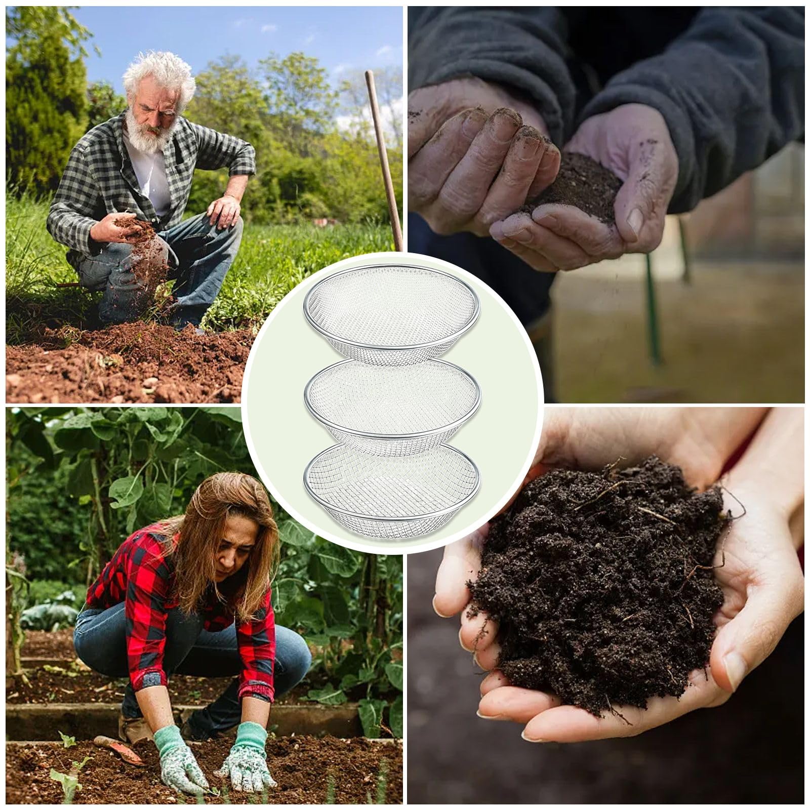 3er-Set Gartensieb rund Ø 30 cm, Metall Kompostsieb Garten Sandsieb für die Gartenarbeit – Sieb für Steine, Erde und organisches Material, 3mm/ 6mm/10mm Masche Sieb, passend für 5-Gallonen-Eimer
