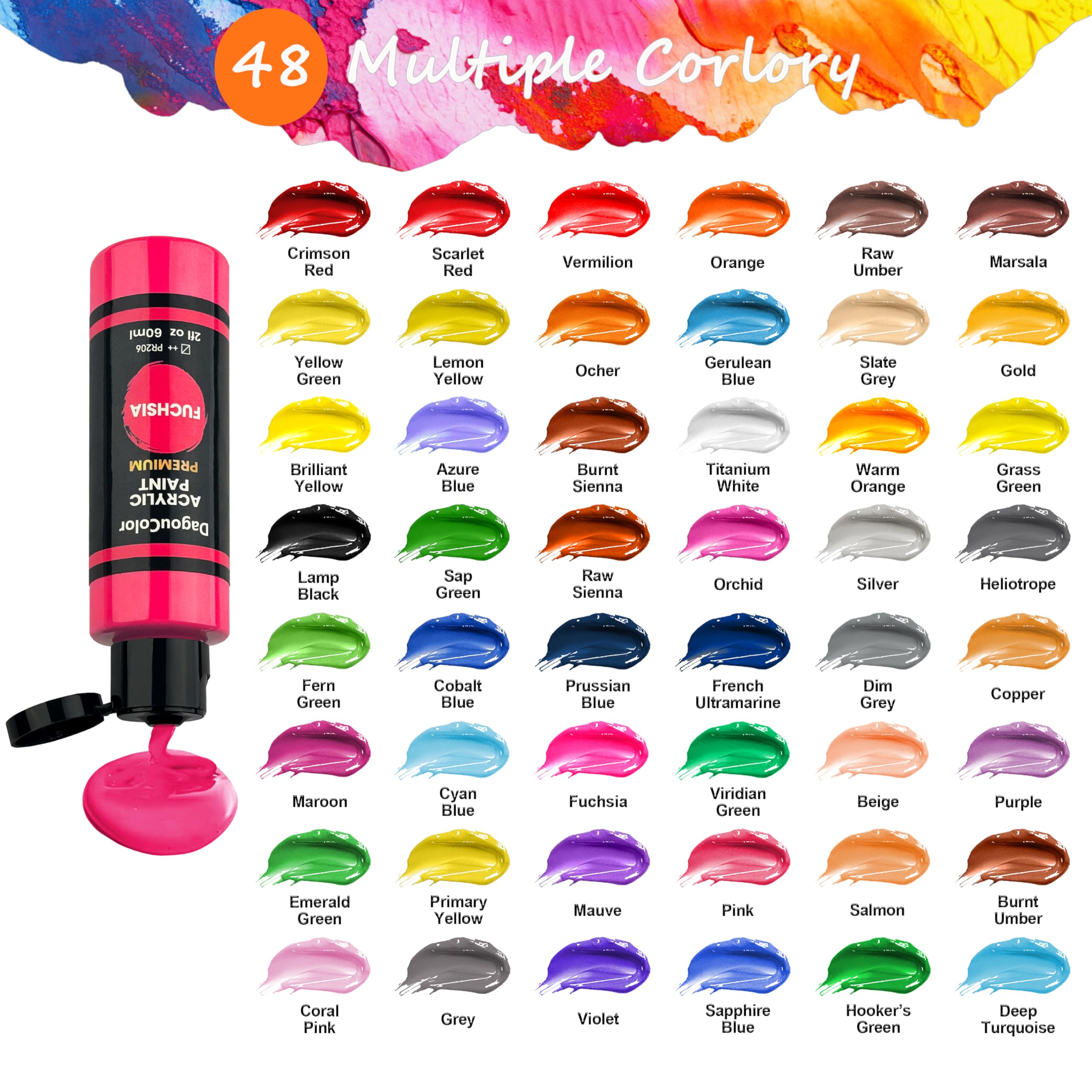 61 Sztuk Akrylowe Farby Zestaw - 48 Kolory * 2oz / 60ml Sztuka Rzemiosło Farby Butelki, 12 Szczotki, 1 Paleta, Artystów Artystycznych Materiałów Prezenty dla Artystów Dzieci Początkujących