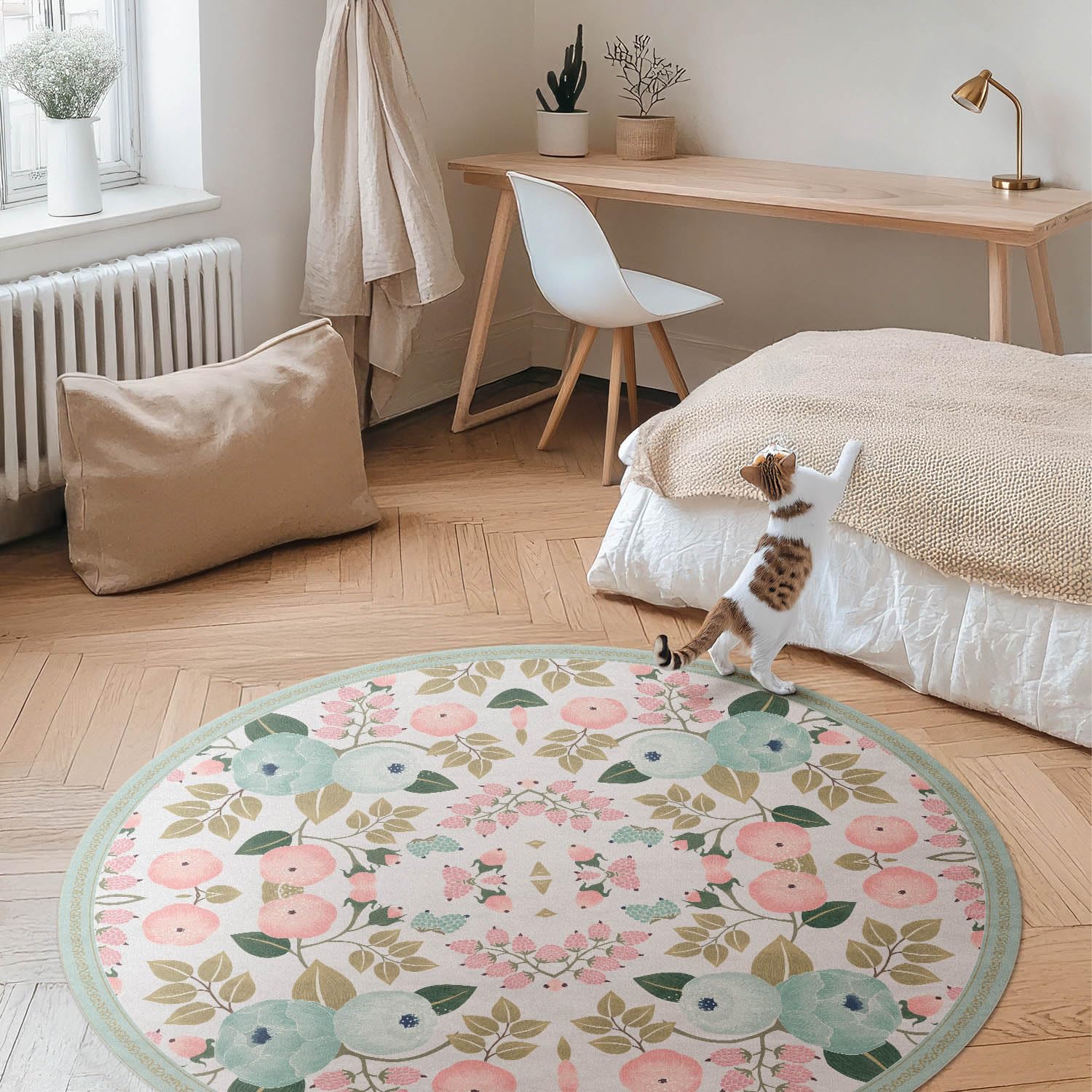 Vinyl Teppich ⌀90 cm Rund für Innenbereich Ideal für Küche Ecke Wohnzimmer Schlafzimmer Einfach zu Reinigen PVC Waschbar Bodenschutzmatten - Pastellfarbene Pfingstrosen