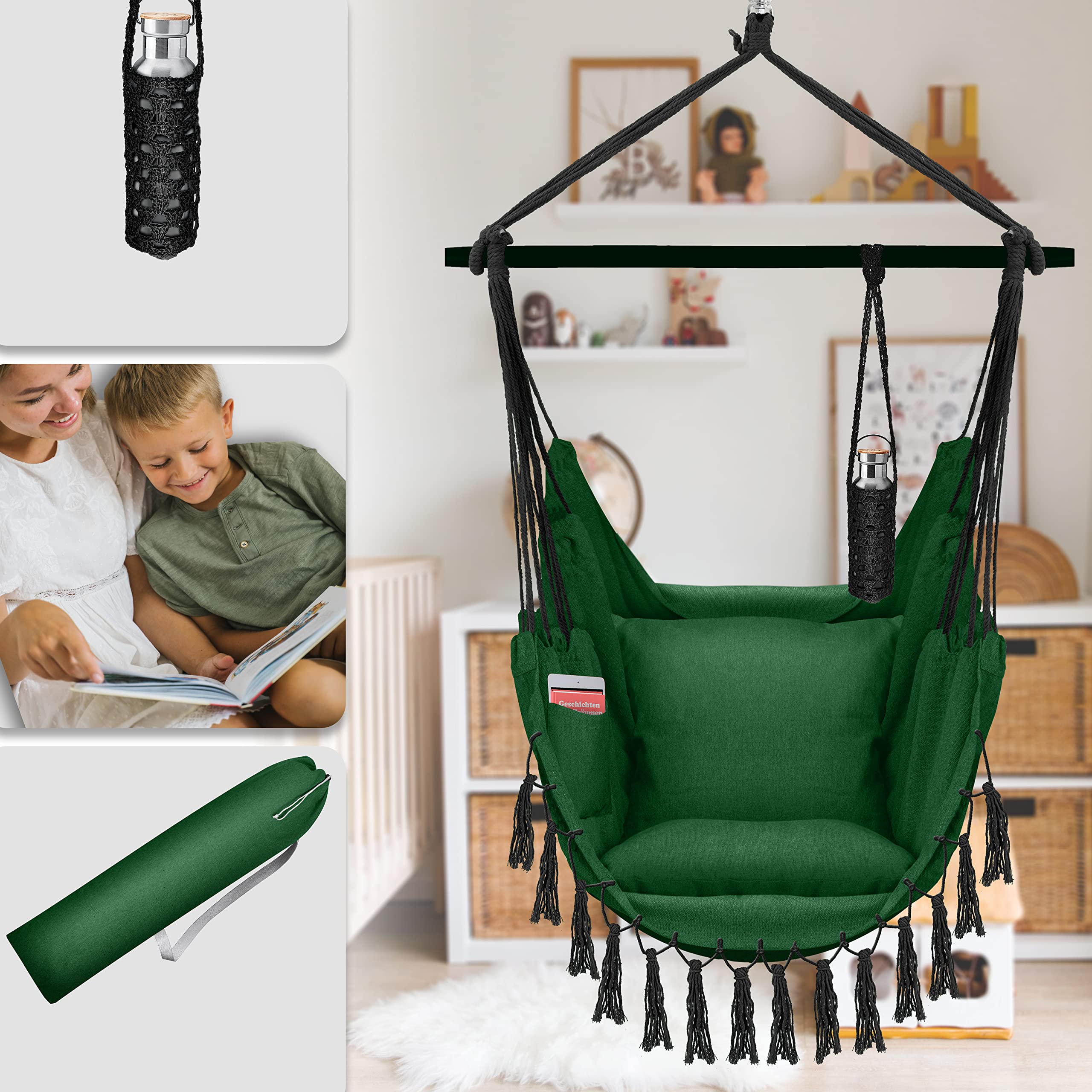 KESSER® Poltrona sospesa con 2 cuscini Portabevande e scomparto per libri - Sedia sospesa Safari XXL per adulti e bambini, Amaca con capacità di carico fino a 150 kg, interni ed esterni