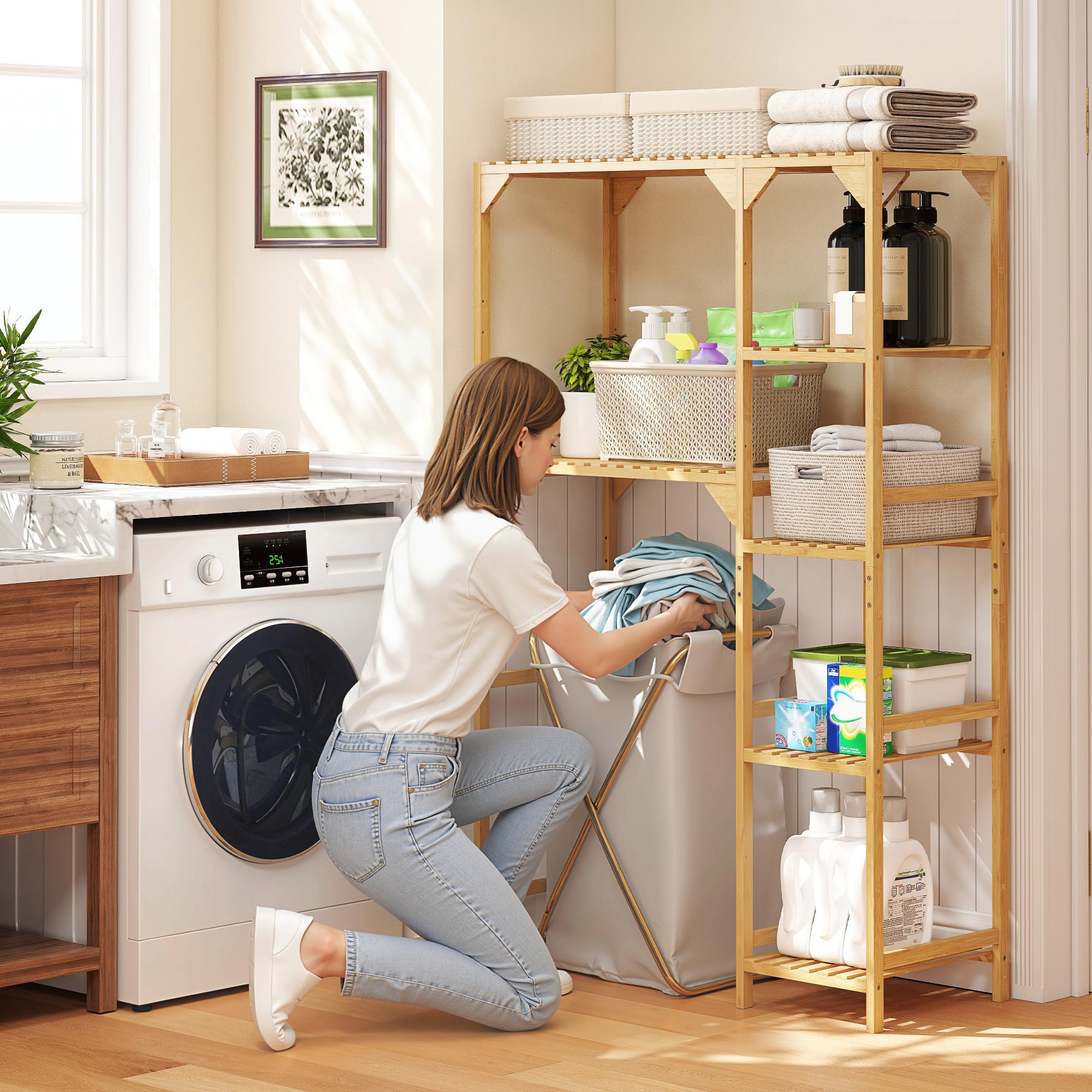 HOMCOM Étagère au-Dessus de Machine à Laver en Bambou, Meuble de Salle de Bain Moderne avec Étagères Réversibles, Meuble de Rangement pour Buanderie, Salle de Bain, Bois Naturel