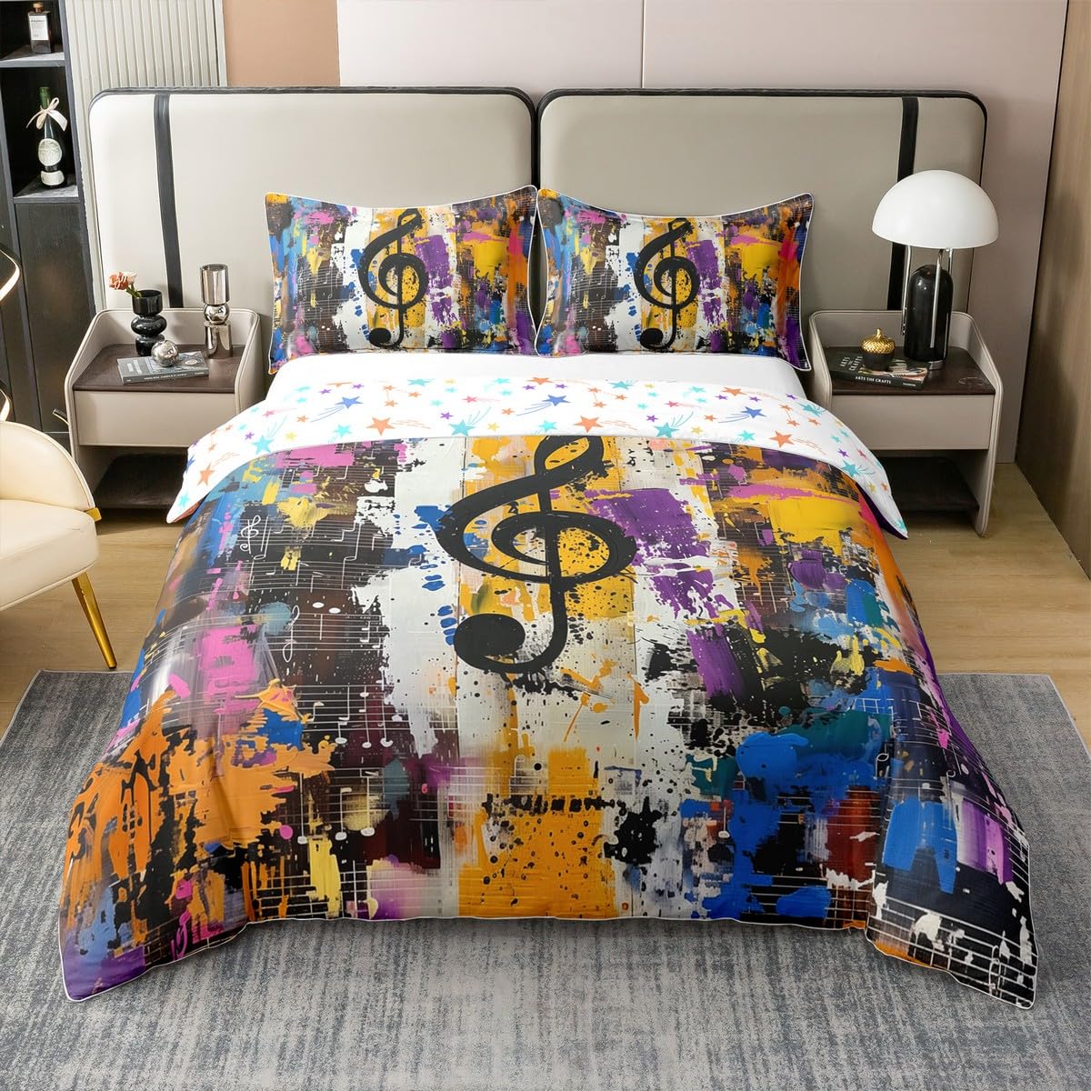 Notas musicales 100 % algodón natural edredón tamaño XL colorido arte callejero graffiti hippie ropa de cama juego de ropa de cama tema musical hip pop música colcha cubierta 3 piezas