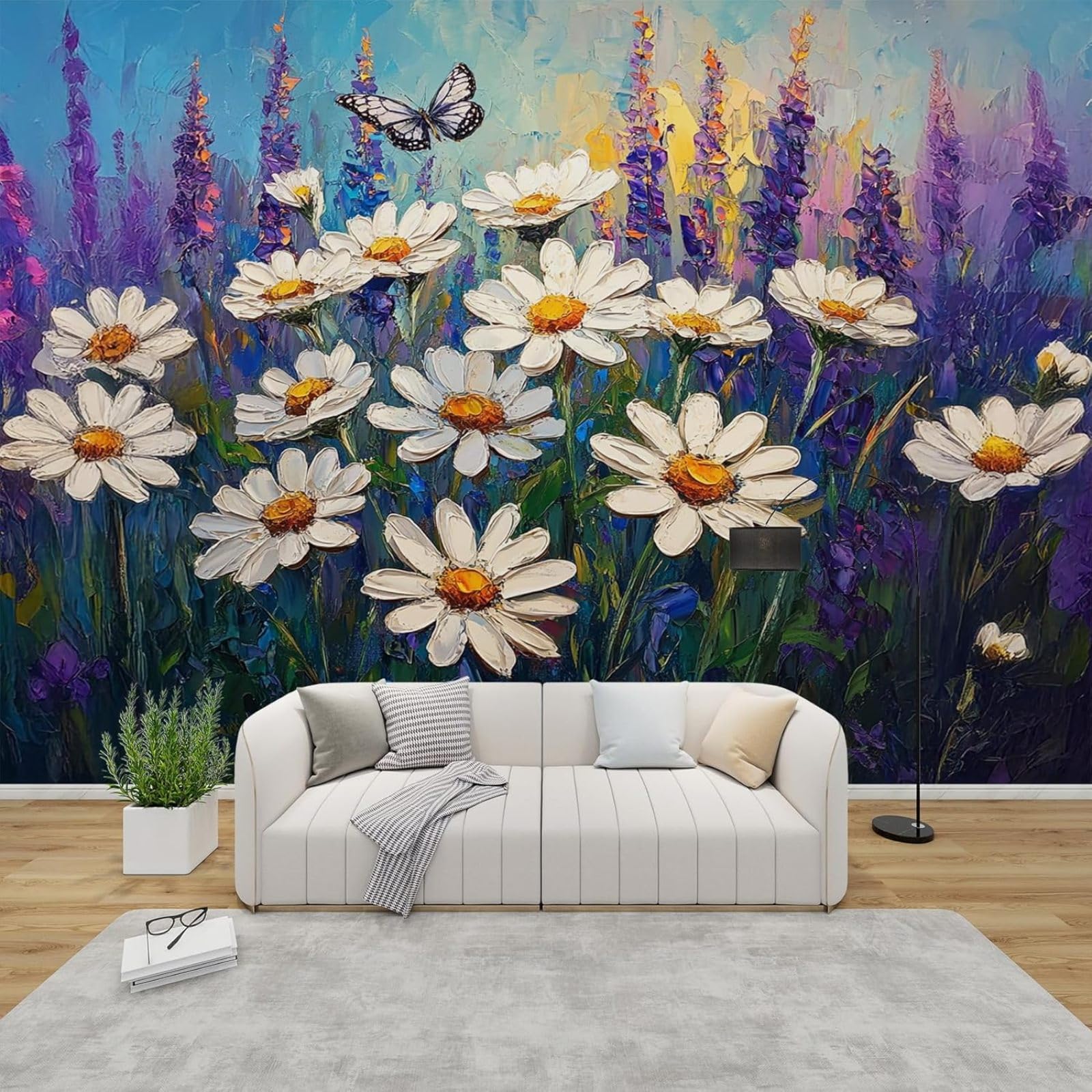 Papier peint fleurs sauvages intissé pour cacher les défauts du mur salon