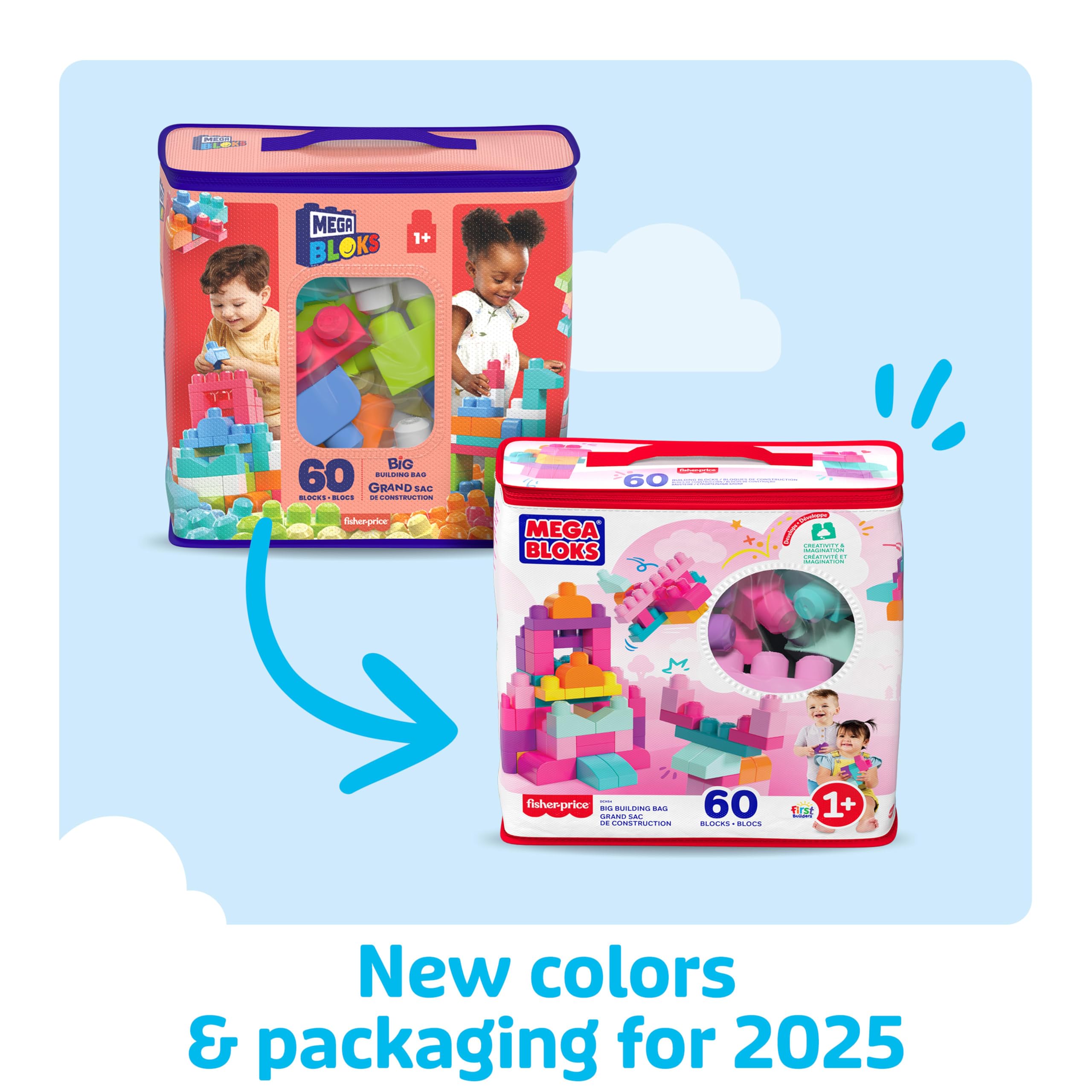 MEGA BLOKS Grande Borsa da Set da costruzione con 60 grandi mattoncini colorati e 1 custodia, set regalo giocattolo per bambini da 1 anno in su. DCH54