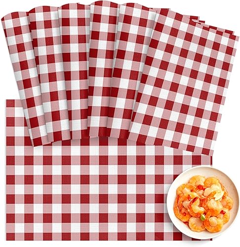 Juego de 6 manteles individuales a cuadros de Navidad, lavables, de PVC para mesa de cocina, color rojo y blanco, mantel individual de vinilo tejido