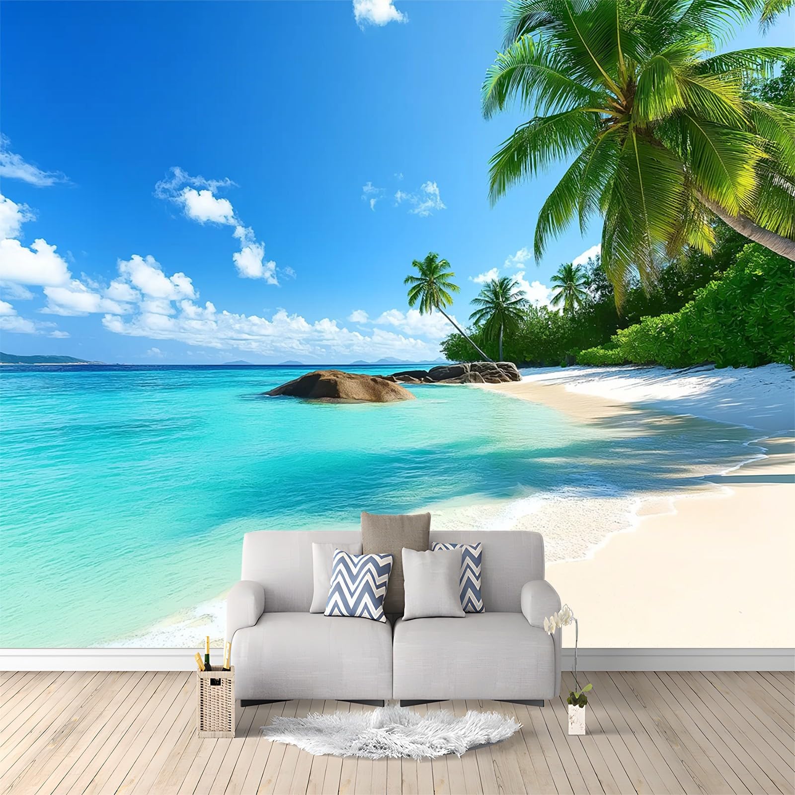 Mural Wallpaper for Living Room Beach Palm Trees Landscape 500x280 cm Photo Wallpaper Non-Woven Wall Mural Wallpaper Poster, Modern Bedroom Kids Room TV Background Wall Decor