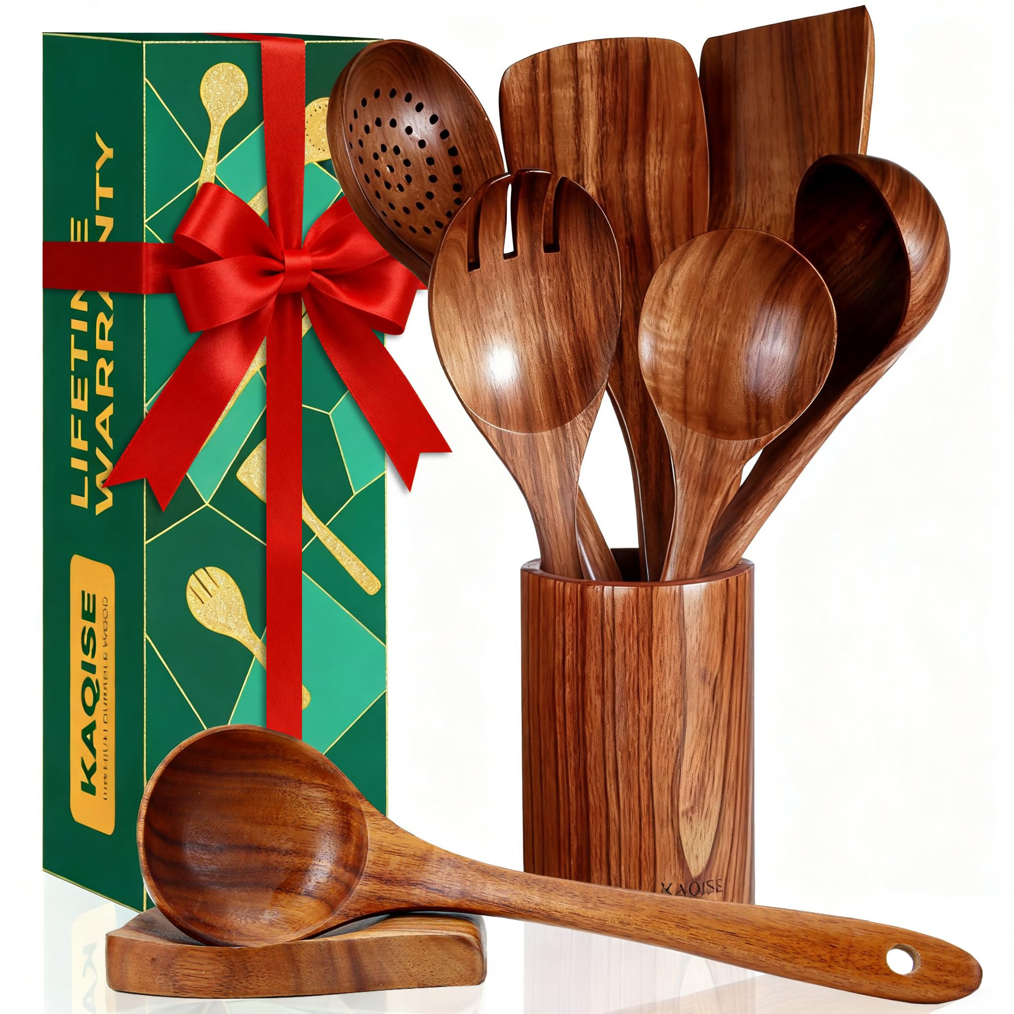 KAQISE 8Pcs Set of Wooden Kitchen Utensils with Holder & Spoon Rest, KAQISE Wooden Spoons&Spatulas for Cooking, Teak Utensils Set for Cooking, Handcrafted Nontoxic Wood Cooking Utensils for Xmas Gifts