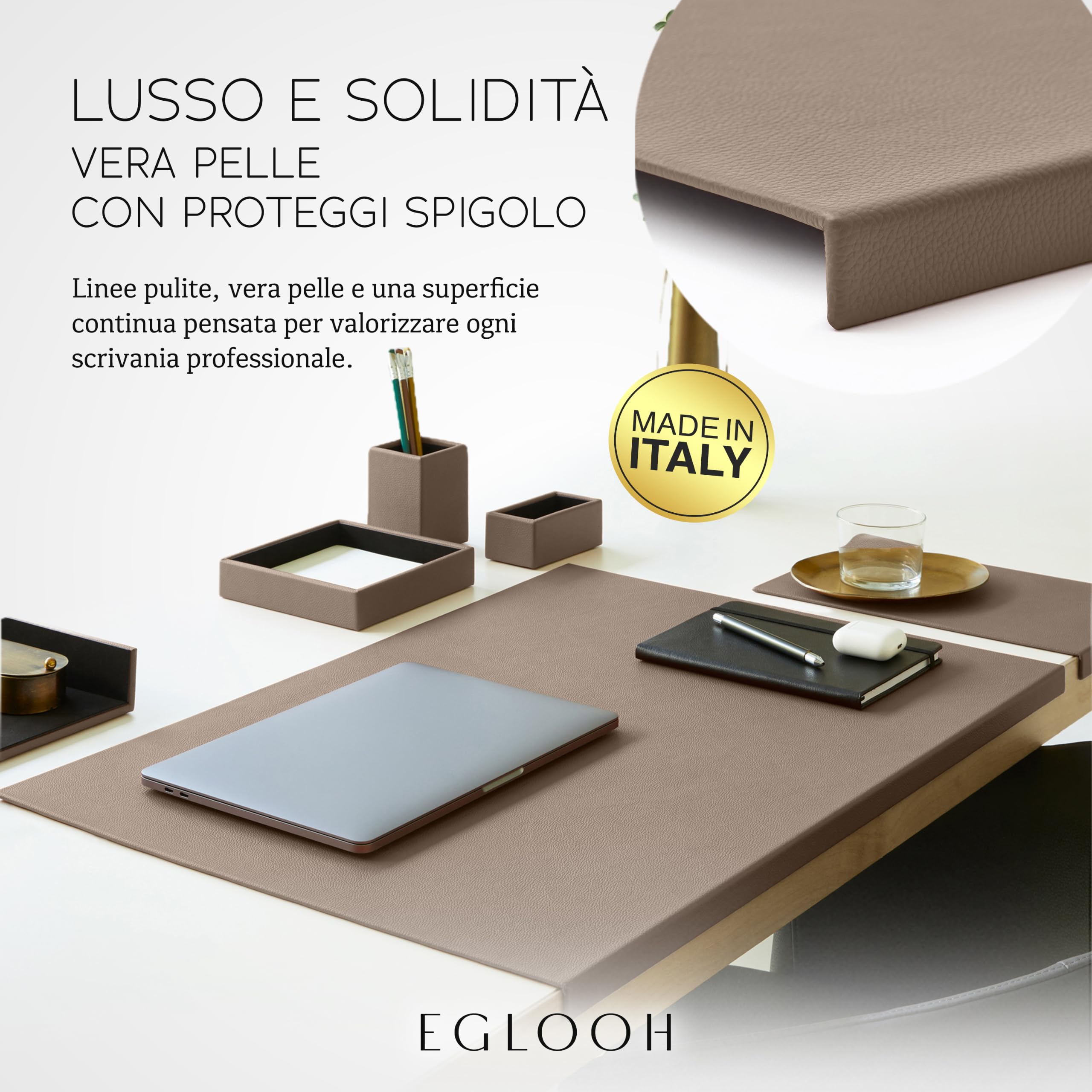 Eglooh - Adamantis - Sottomano Scrivania in Vera Pelle Grigio Talpa cm 70x50 - Design Moderno, Resistente Struttura in Acciaio con Profilo a L, Fondo Antiscivolo - Made in Italy