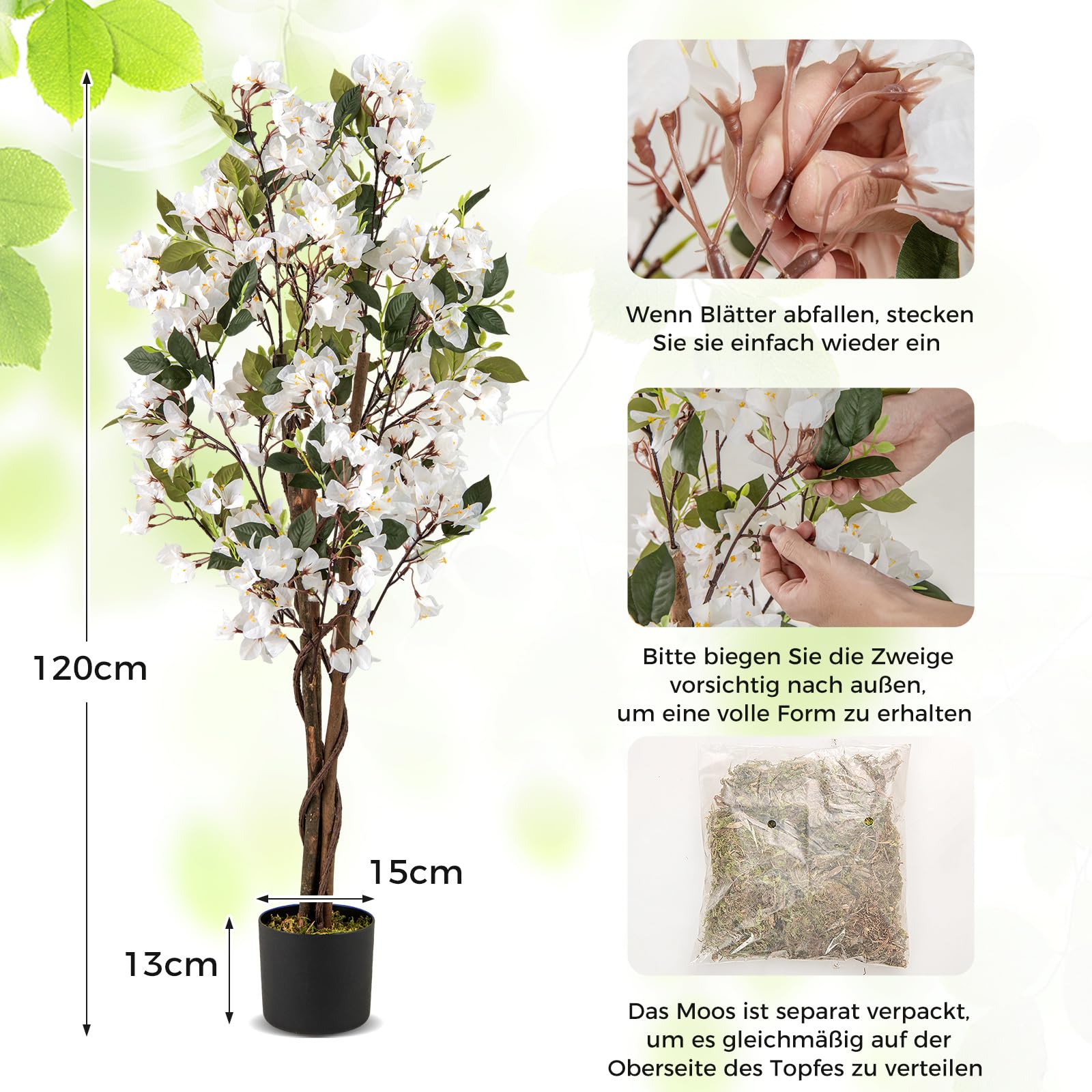 COSTWAY 120 cm Kunstbaum mit Blüten, Kunstpflanze im Topf, Künstlicher Bougainvillea Baum, Fake Topfpflanze, Künstliche Pflanzen für Indoor Outdoor Schlafzimmer Büro Garten Dekoration (Weiß,1)