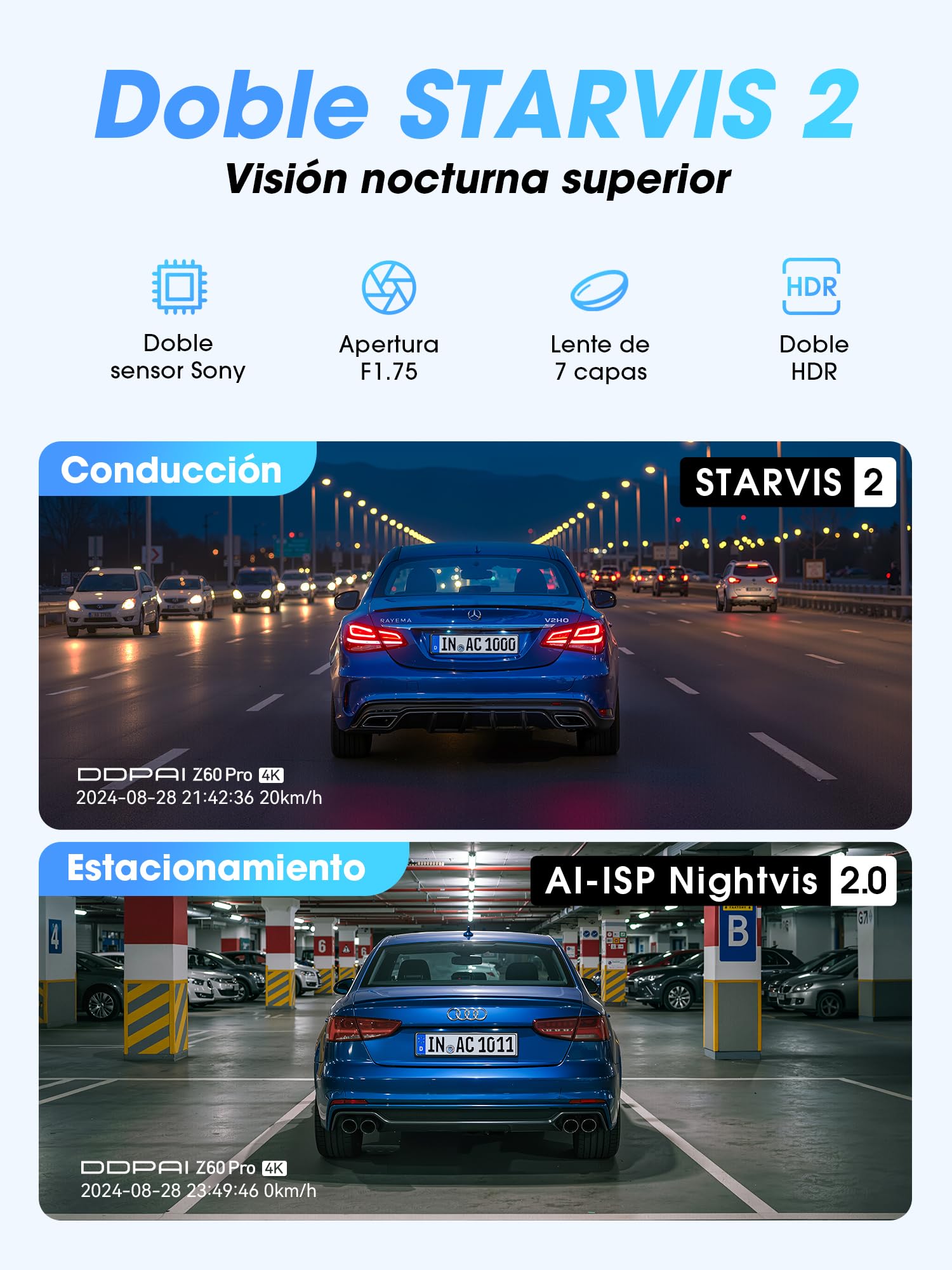 DDPAI Z60 Pro Dashcam 4K, Dual STARVIS 2 IMX678 60FPS, Visión Nocturna AI ISP, 4G LTE Dash CAM, WiFi 6 5GHz GPS, Modo Aparcamiento 24h, Pantalla IPS 3", Sensor G, grabación en Bucle