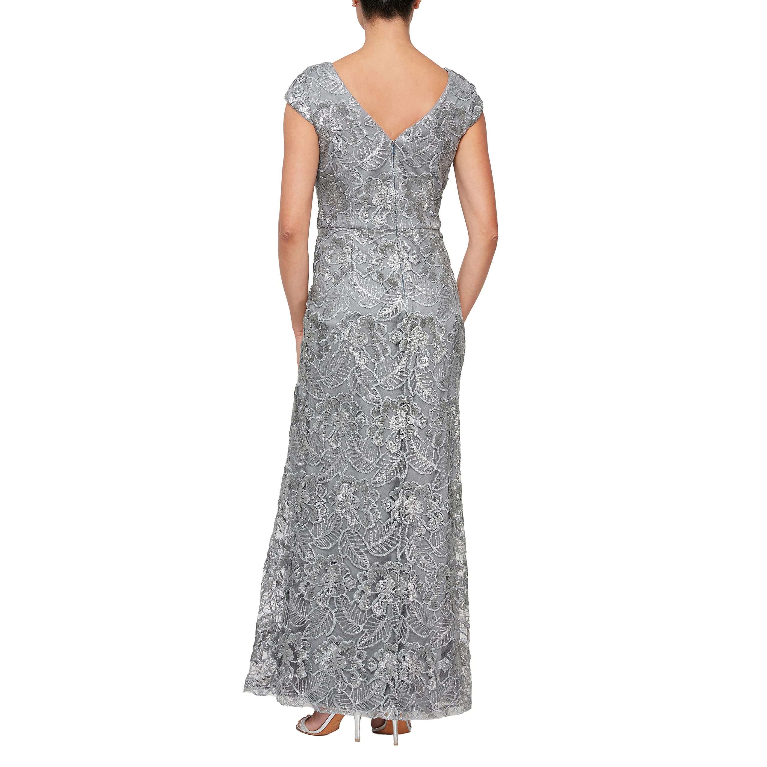 Alex Evenings Women's Long Embroidered Cap Sleeve Dress: 8 Charcoal