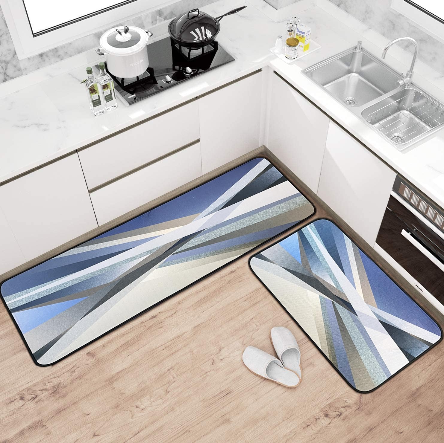 LUKADAHKitchen Rugs and Mats Washable 2 Piece Set - Non-Skid Soft Absorbent Kitchen Mats Set for Floor, Comfort Runner Rug Carpets for Kitchen Floor (Dazzle Blue)