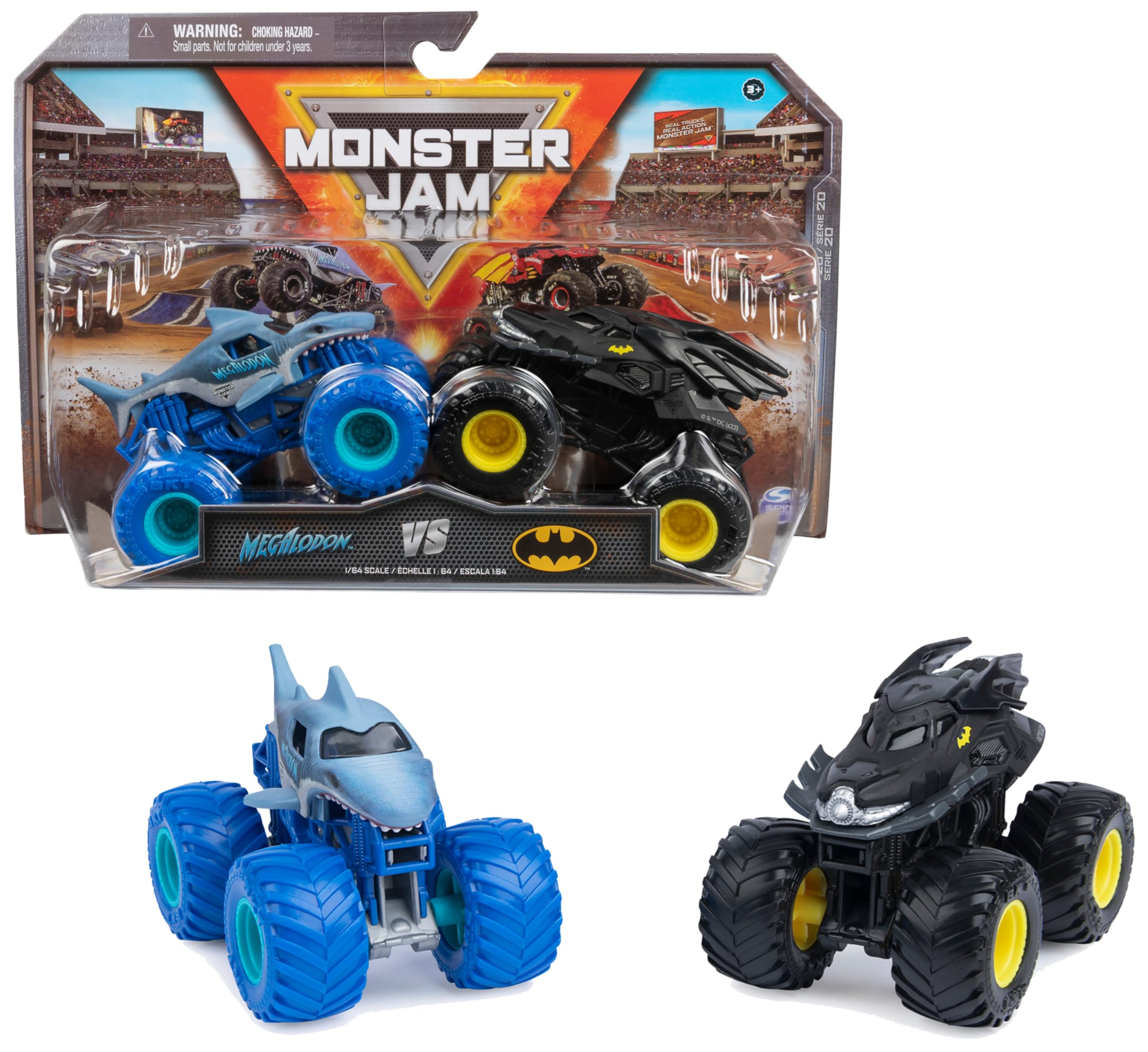 MONSTER JAM - Coches Monster Truck Escala 1:64 - Pack de 2 Camiones Metálicos Auténticos: Batman Vs. Megalodon - 6065293 - Coches para Niños - Juguetes Niños 3 años +