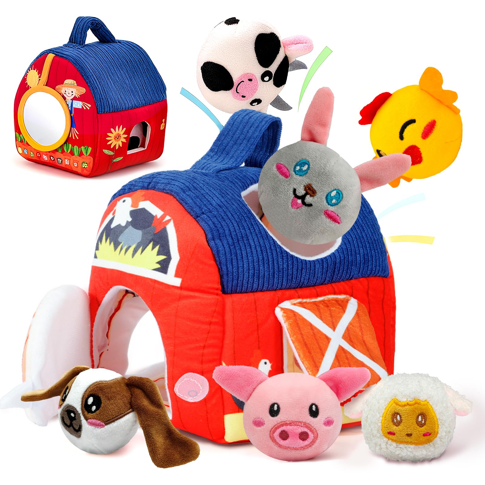 Juguete Montessori Bebé 6–12 Meses – Granja de Tela con 6 Animales Sensoriales con Sonajero & Espejo, Juguetes Educativos para Bebés 1–3 Años, Juguete Sensorial Suave, Regalo Niños/Niñas