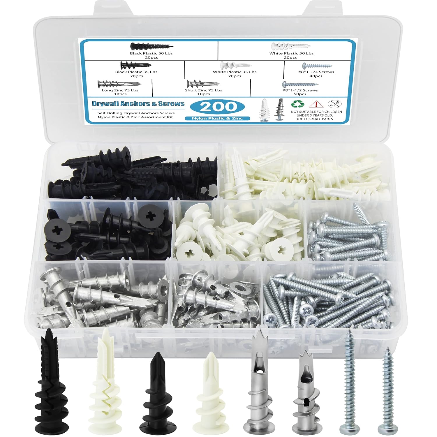 Dry Wall Anchors and Screws Kit, 200PCS Self Drilling Wall Anchors and