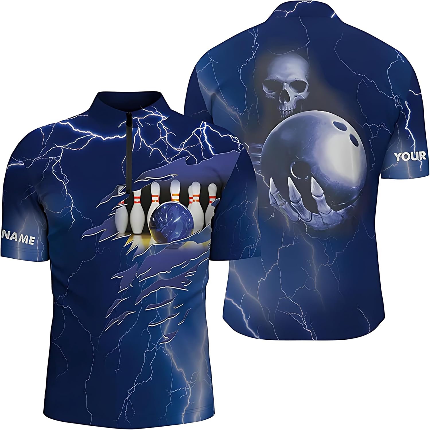 VhaSportPersonalized Men's Bowling Quarter Zip Shirt Blue Lightning Custom Name Team Skull Bowling Jerseys Q6022