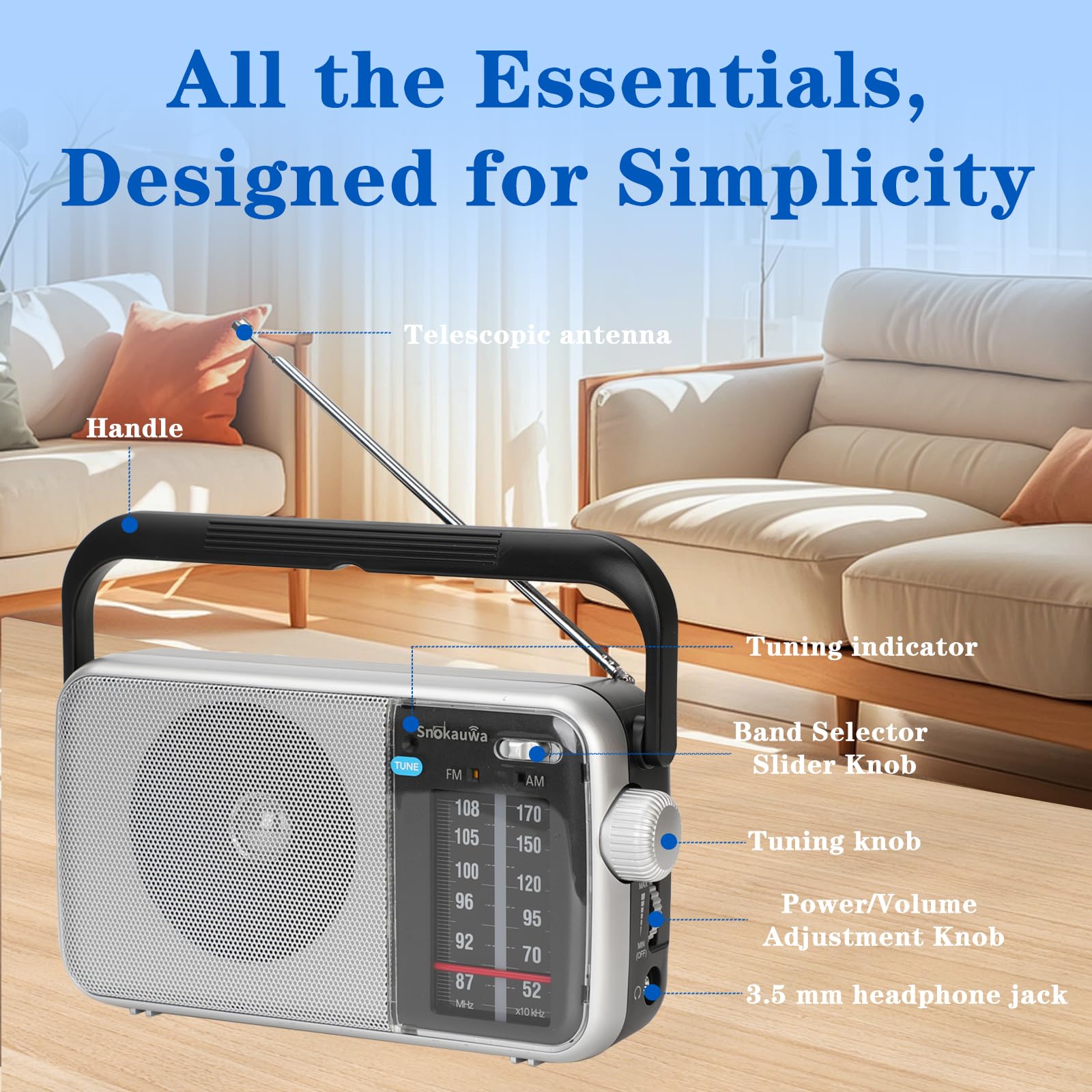 Radio portátil AM FM, sintonizador digital, altavoz más fuerte, batería o radio alimentada por USB para regalo en el hogar al aire libre (negro)