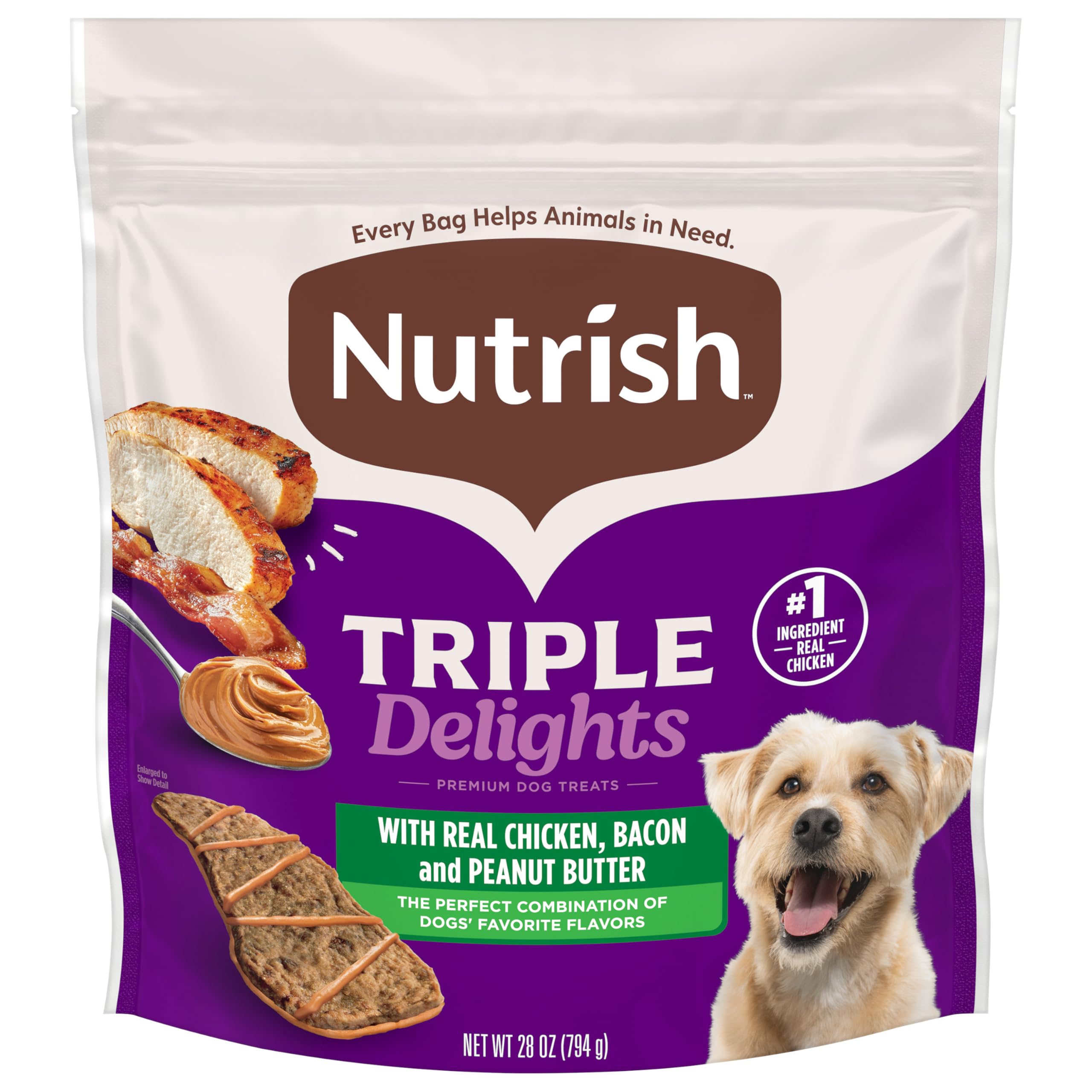 Nutrish Triple Delights Premium Dog Treats for Dogs with Real Chicken, Bacon, and Peanut Butter, 28 oz. Pouch