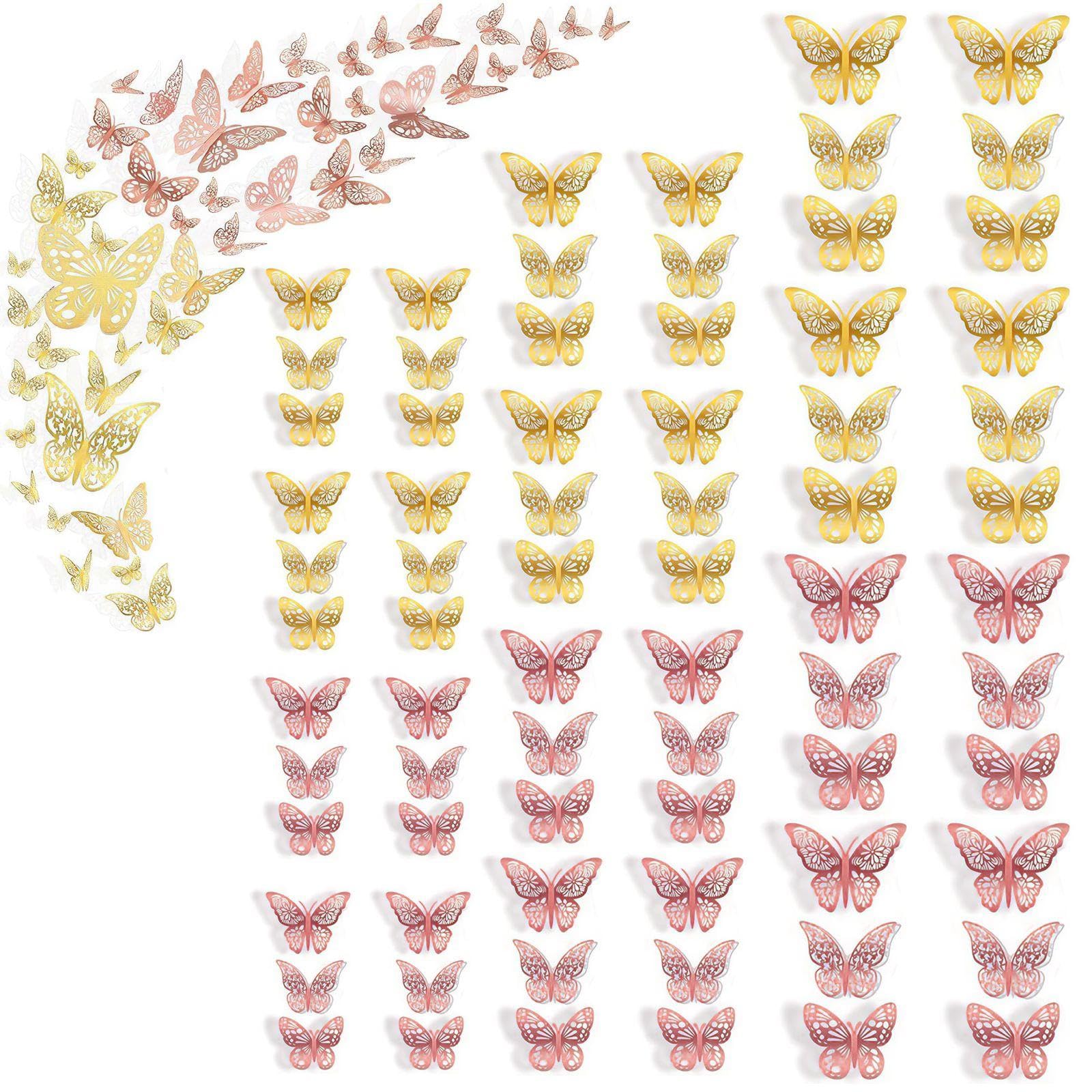 Rnskfg Gold 72 Pieces Of 3D Butterfly Wall Stickers, Hollow Decorative Stickers, Background Wall Layout Supplies, Creative Romantic Wall Stickers.