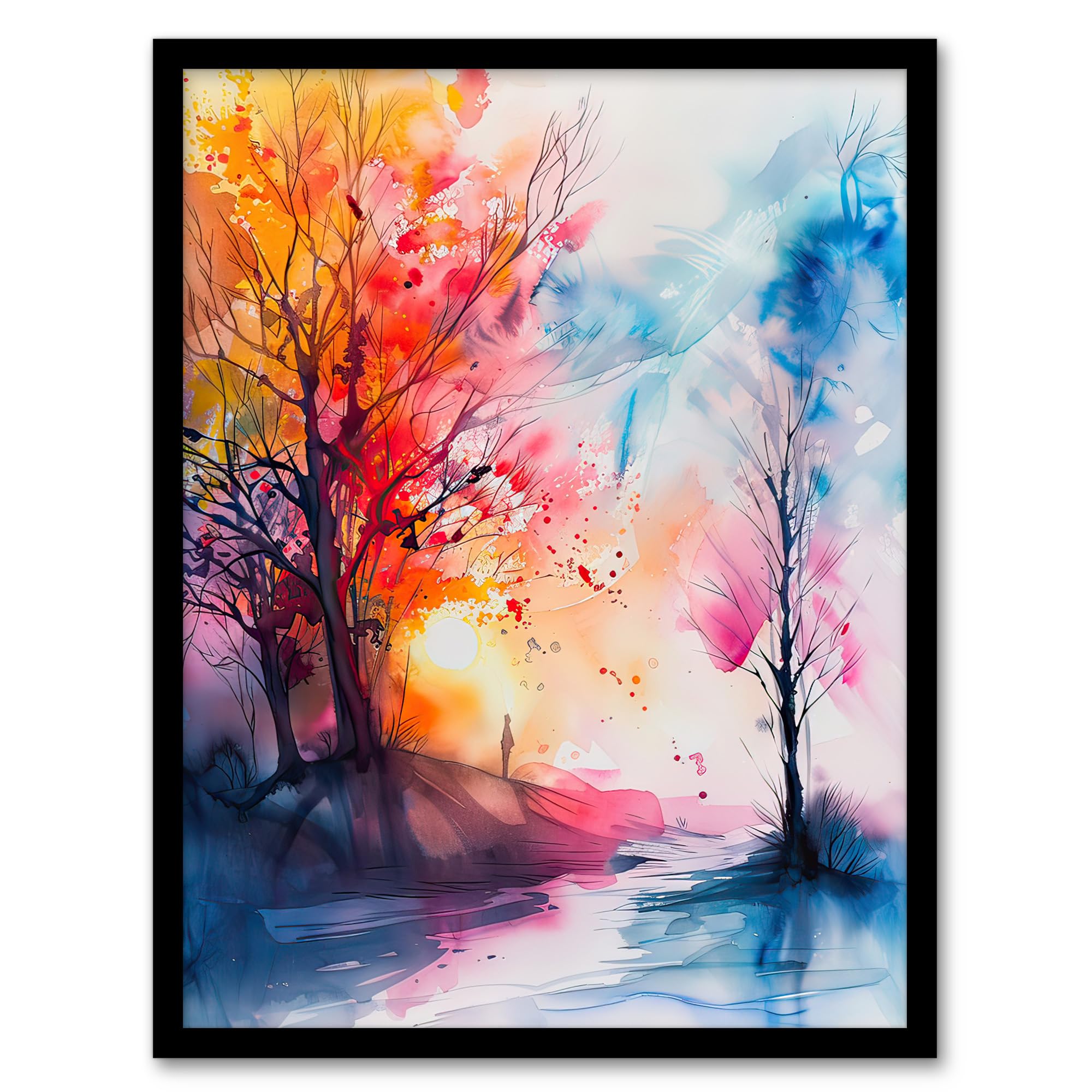 Artery8 Autumn Forest Sunrise Dream Watercolour Painting Living Room Artwork Framed Wall Art Print A4