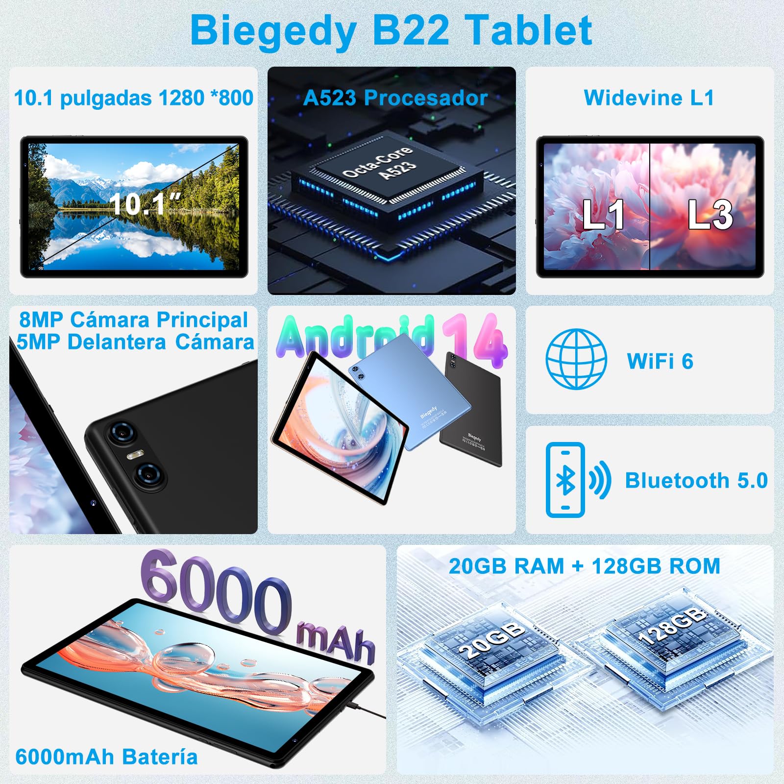 Primer plano de la pantalla de la tablet BIEGEDY mostrando su interfaz Android.