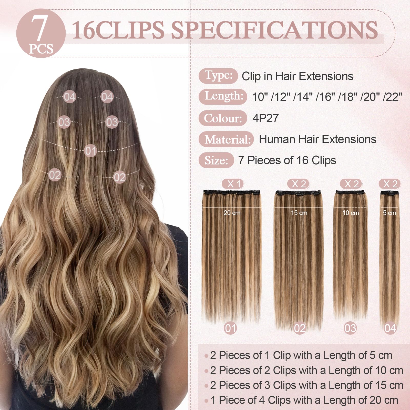 SEGOHAIR Clip in Hair Extensions Human Hair,16inch 110g 7Pcs Chocolate Brown with Strawberry Honey Blonde 100% Real Human Hair Double Weft Straight Clip in Hair Extension Seamless for Volume - Image 2