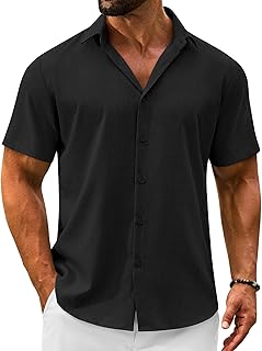 Men's Linen Shirts Short Sleeve Casual Button Down Shirts Summer Beach Wedding Vacation Cotton Tops - Buy now