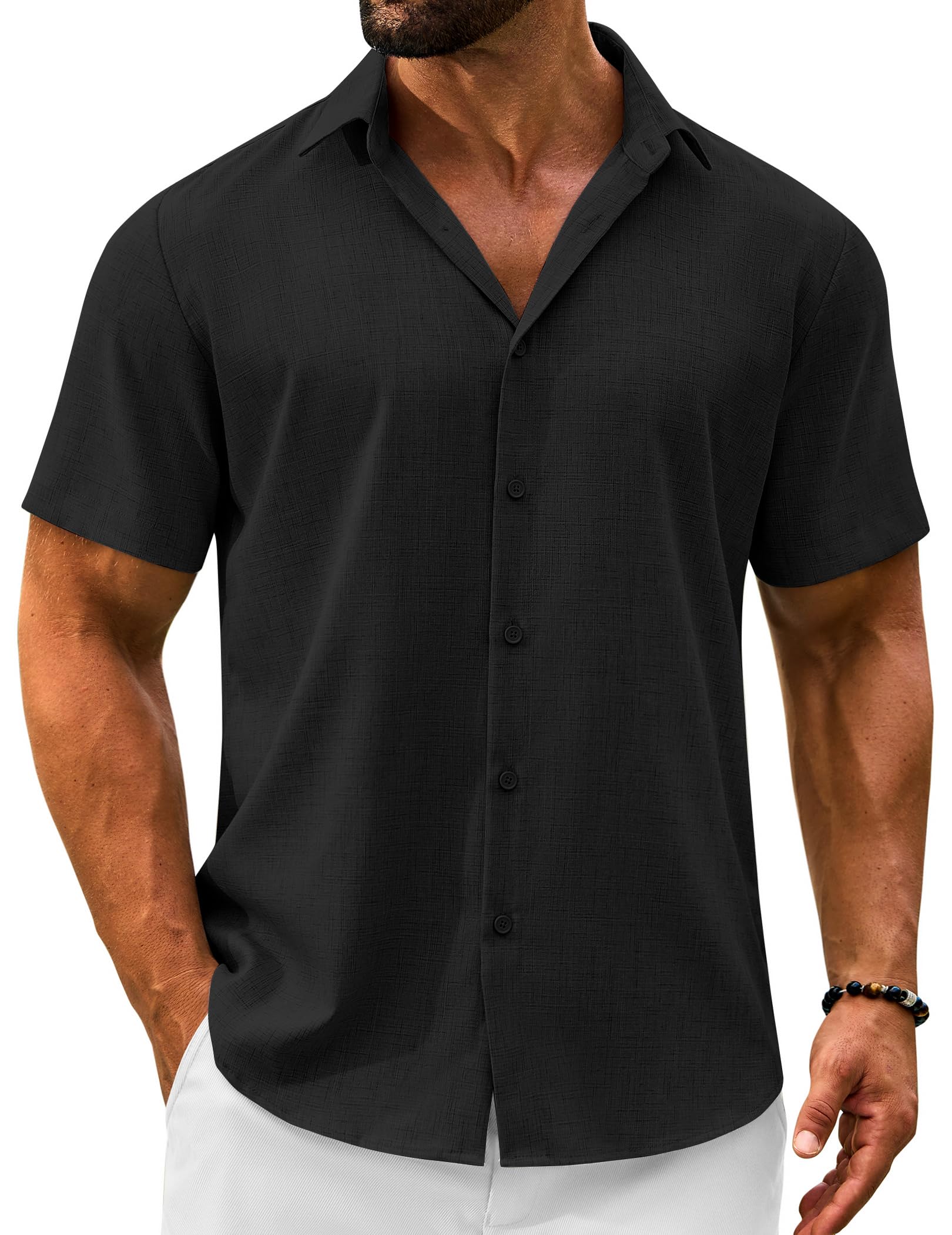 VOZZBY Men's Linen Shirts Short Sleeve Casual Button Down Shirts Summer Beach Wedding Vacation Cotton Tops