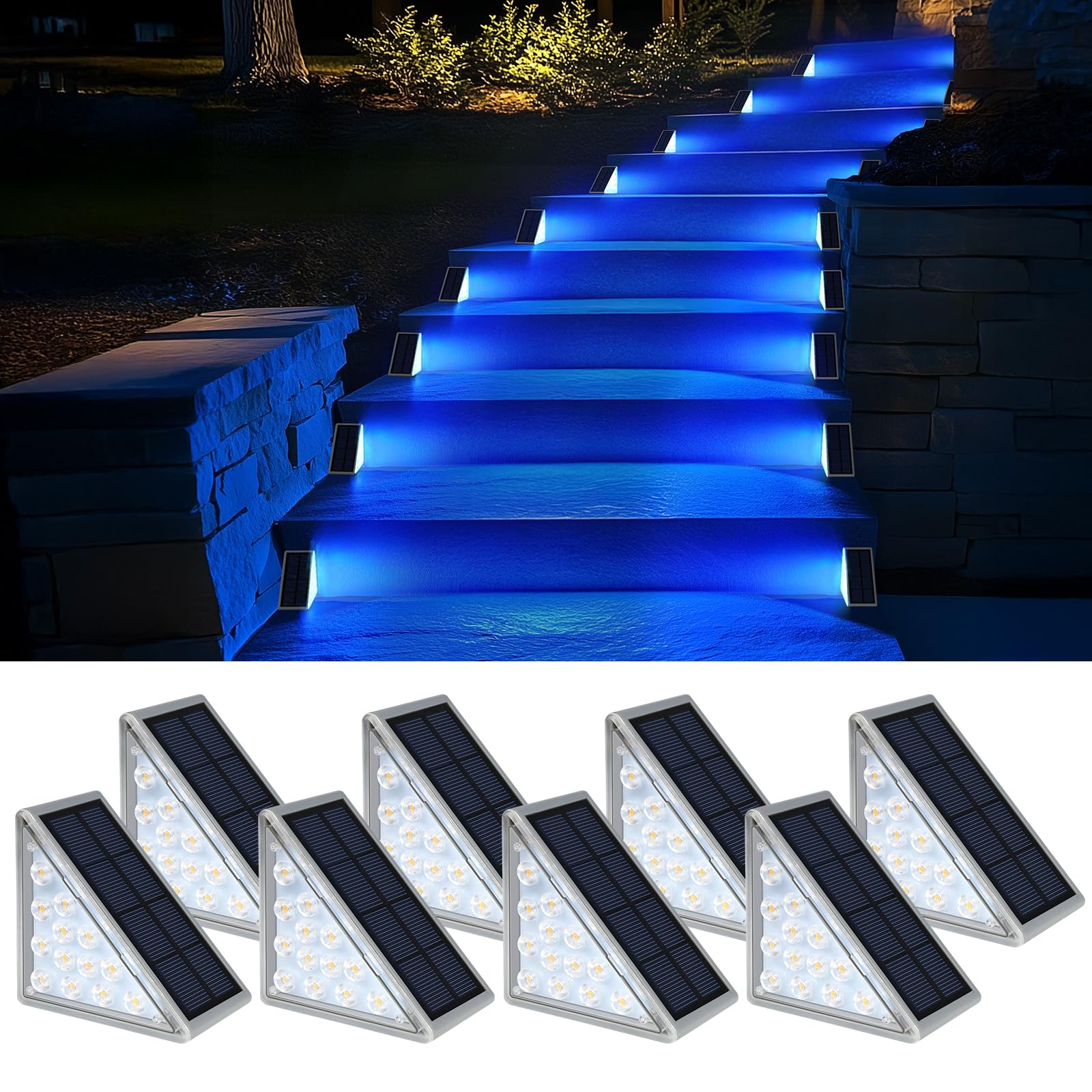 AUDLES Lot de 8 lampes solaires d'escalier d'extérieur avec étanchéité IP67, lumière solaire LED bleue pour décoration d'escalier, terrasse, marche avant, porche, patio et arrière-cour