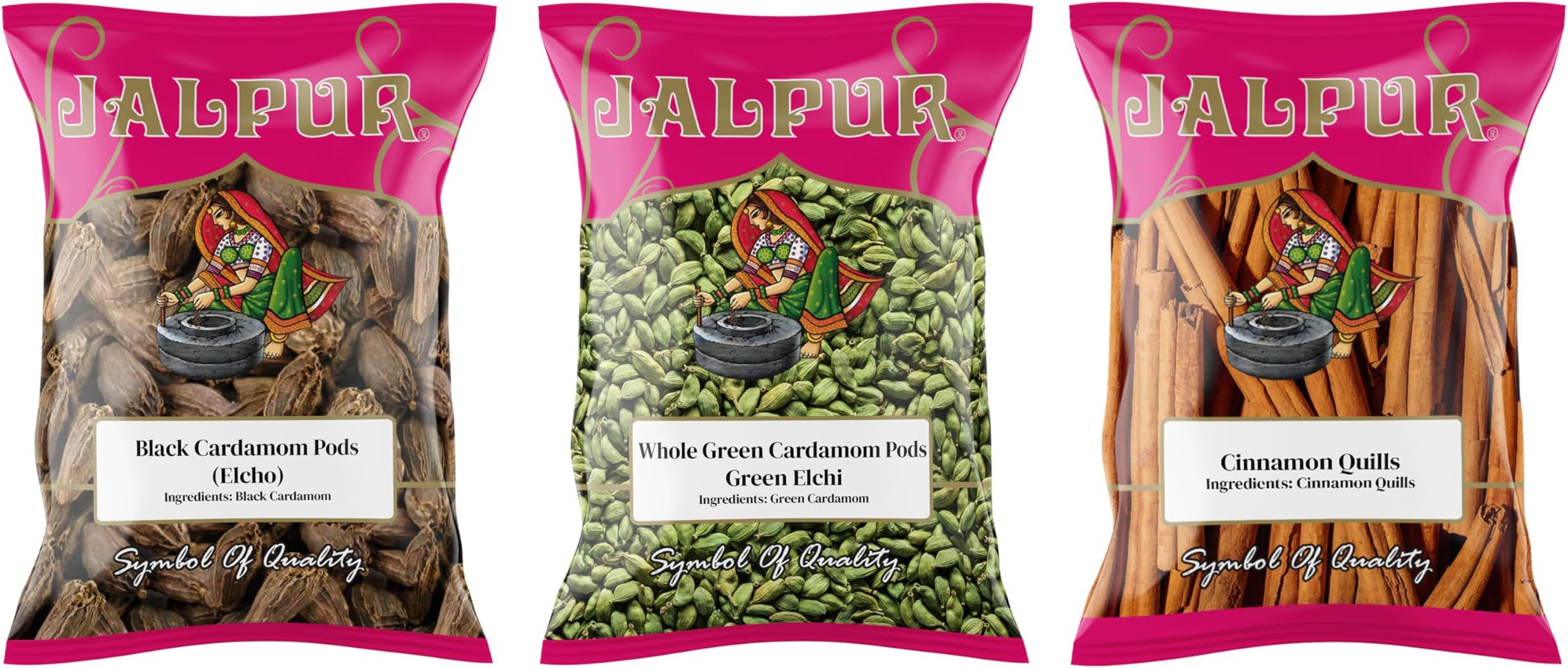 Jalpur Millers Spice Combo Pack - Black Cardamom Pods 50g - Green Cardamom Pods 100g - Cinnamon Quills 100g (3 Pack)