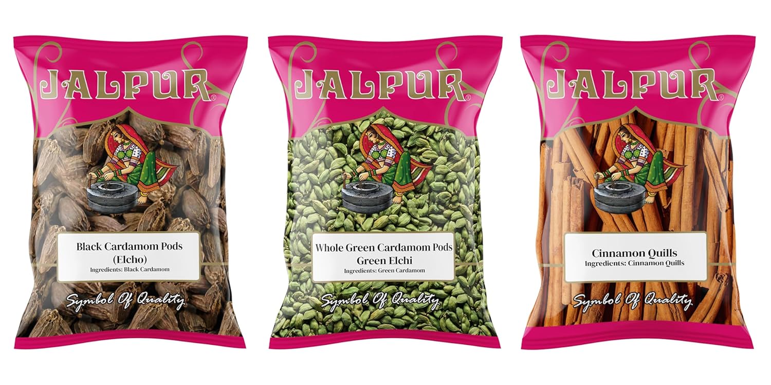 Jalpur Millers Spice Combo Pack - Black Cardamom Pods 50g - Green Cardamom Pods 100g - Cinnamon Quills 100g (3 Pack)