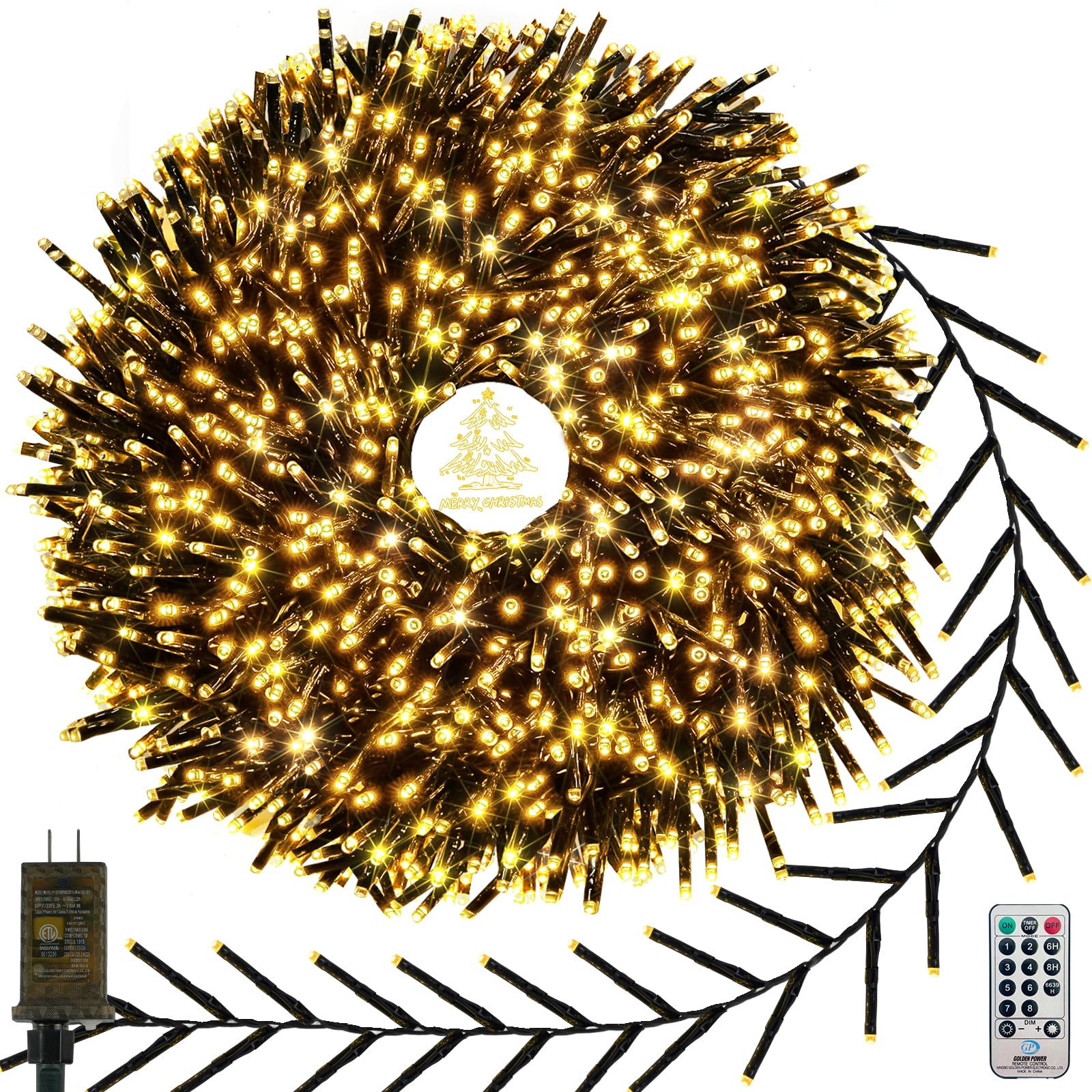 1000 LED Cluster Lights with Remote, Christmas Tree Lights Warm White