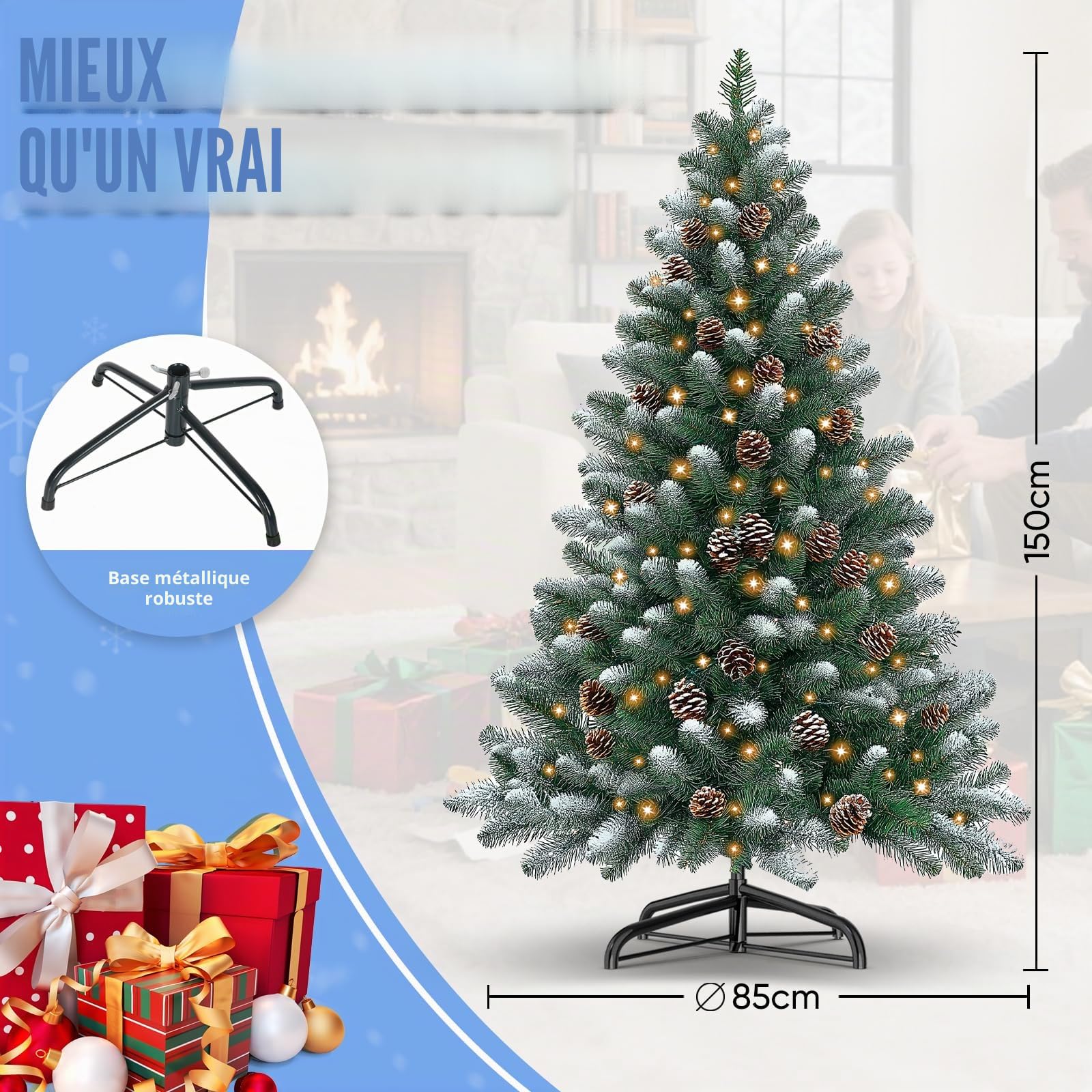 Sapin de Noël Lumineux 150 cm, Pommes de pin et 367 Branches, Sapin Artificiel en PVC avec Guirlande Lumineuse, 8 Fonctions Lumineuses, Support métallique, pour l'intérieur et l'extérieur