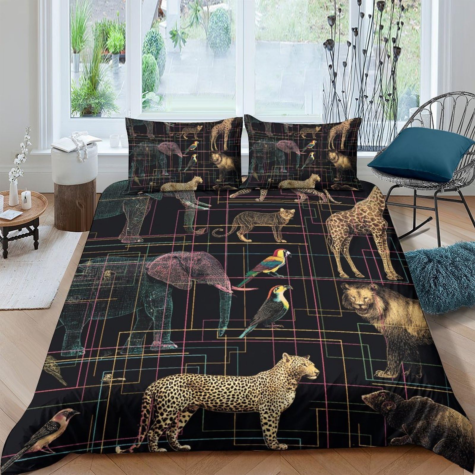 Ctjqhvkz Style-9 3D Printed Jungle Wildlife Fitted Sheet Microfiber Dark Animal Pattern Mattress Cover Bedroom Decor Single（135X200cm）