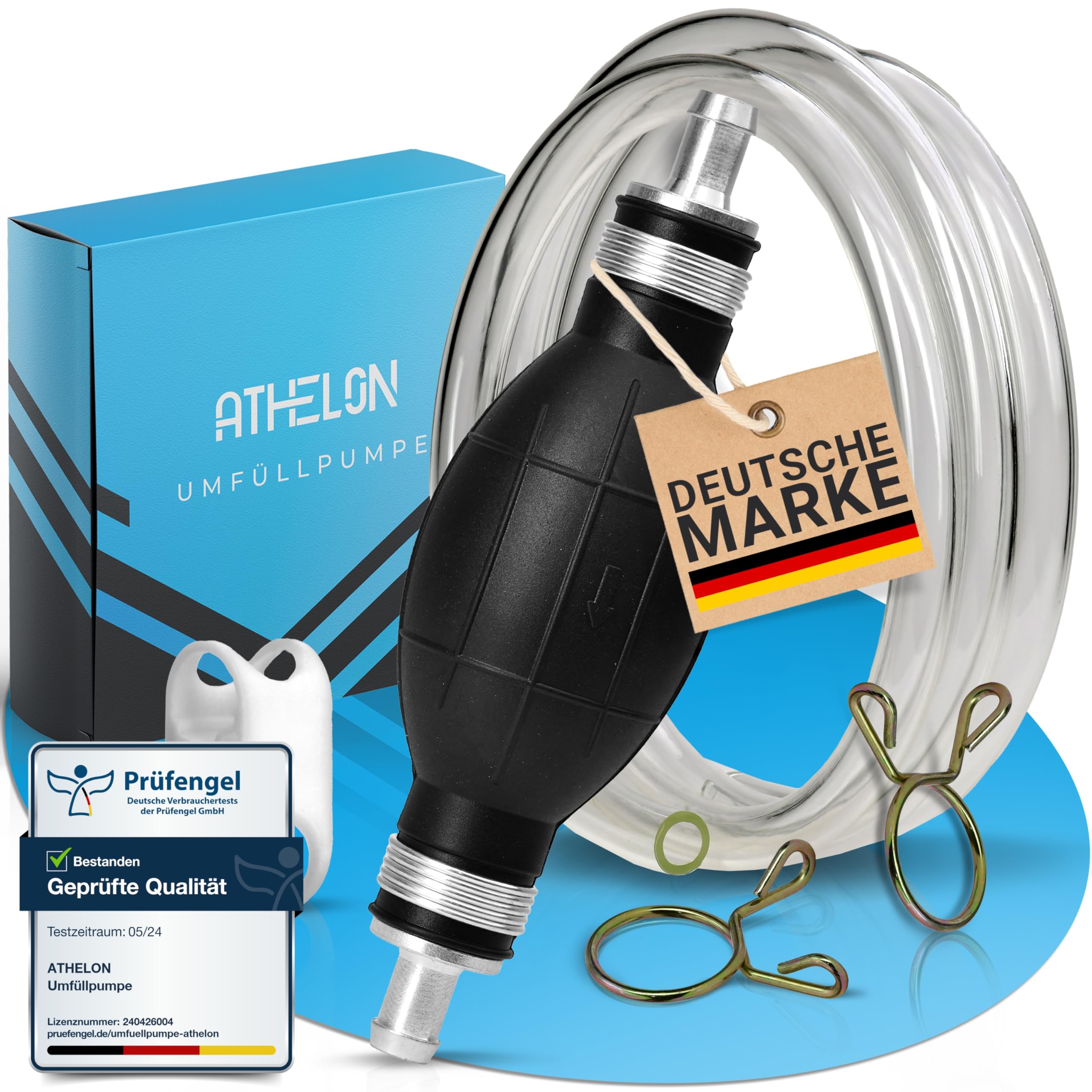 ATHELON® Handpumpe für Benzin, Diesel, Wasser & Öl - XL Umfüllpumpe inkl. Flüssigkeitsregler und 2m Schlauch - Verbesserte Schlauchpumpe [2024] - Zuverlässig & Auslaufsicher