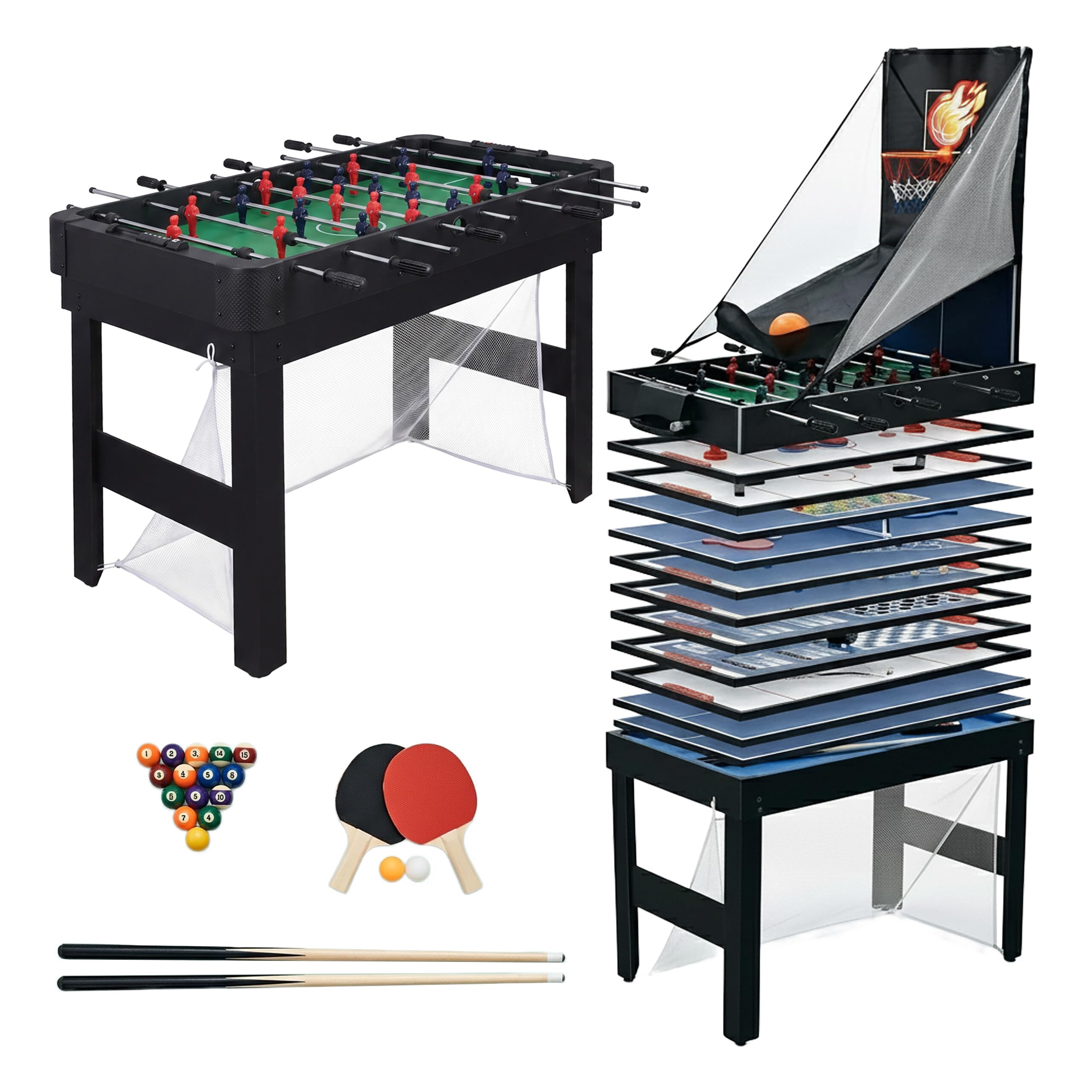 Relaxdays Table de Jeu 20 en 1: Baby-Foot, Billard, air Hockey, Noire | ping-pong, basket, poker, bowling et plus