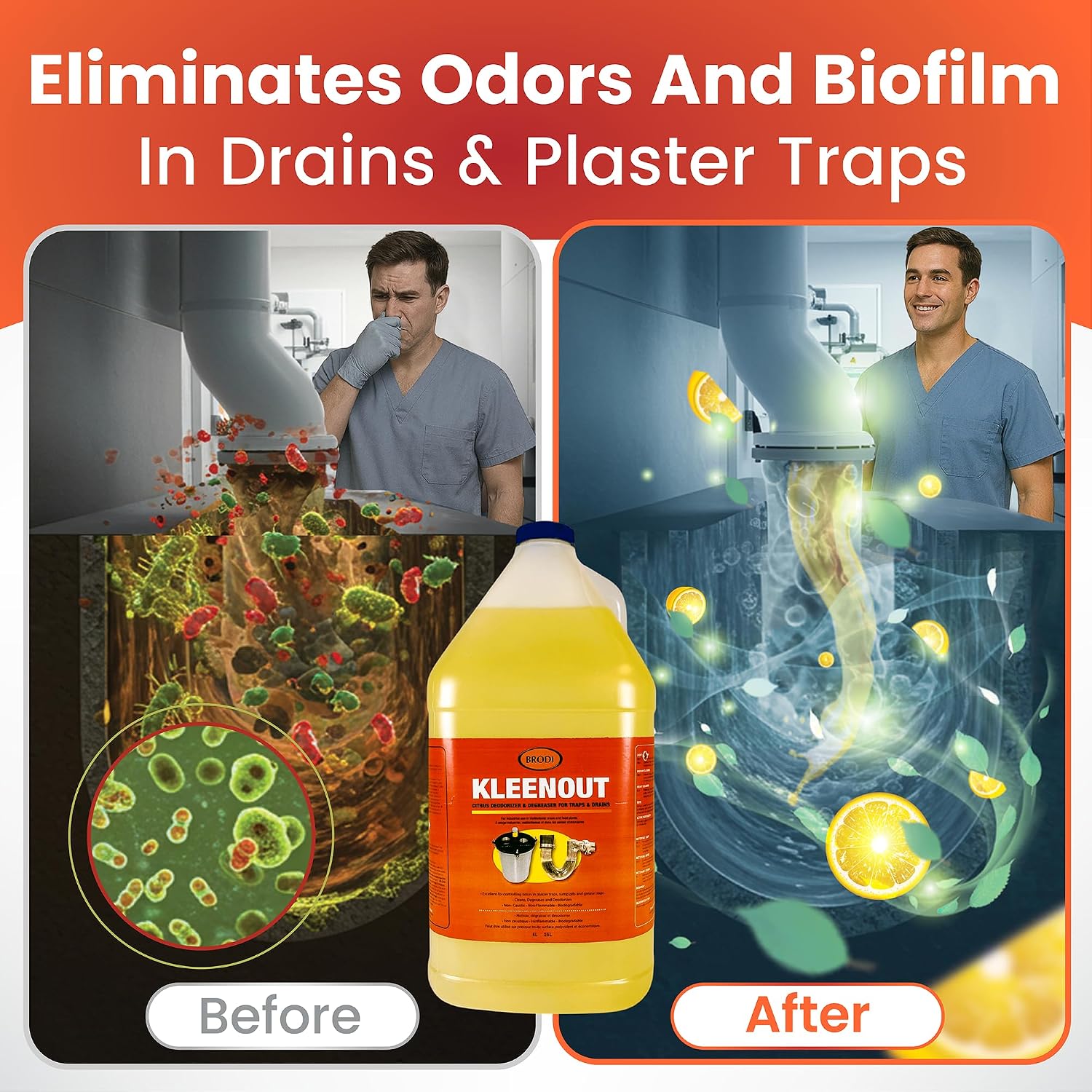 Kleenout Deodorizer & Degreaser for Plaster Traps, Dental & Lab Drains, Citrus Based, Non-Caustic, Amalgam Separator Compatible, Safe on All Pipes, 1 Gallon