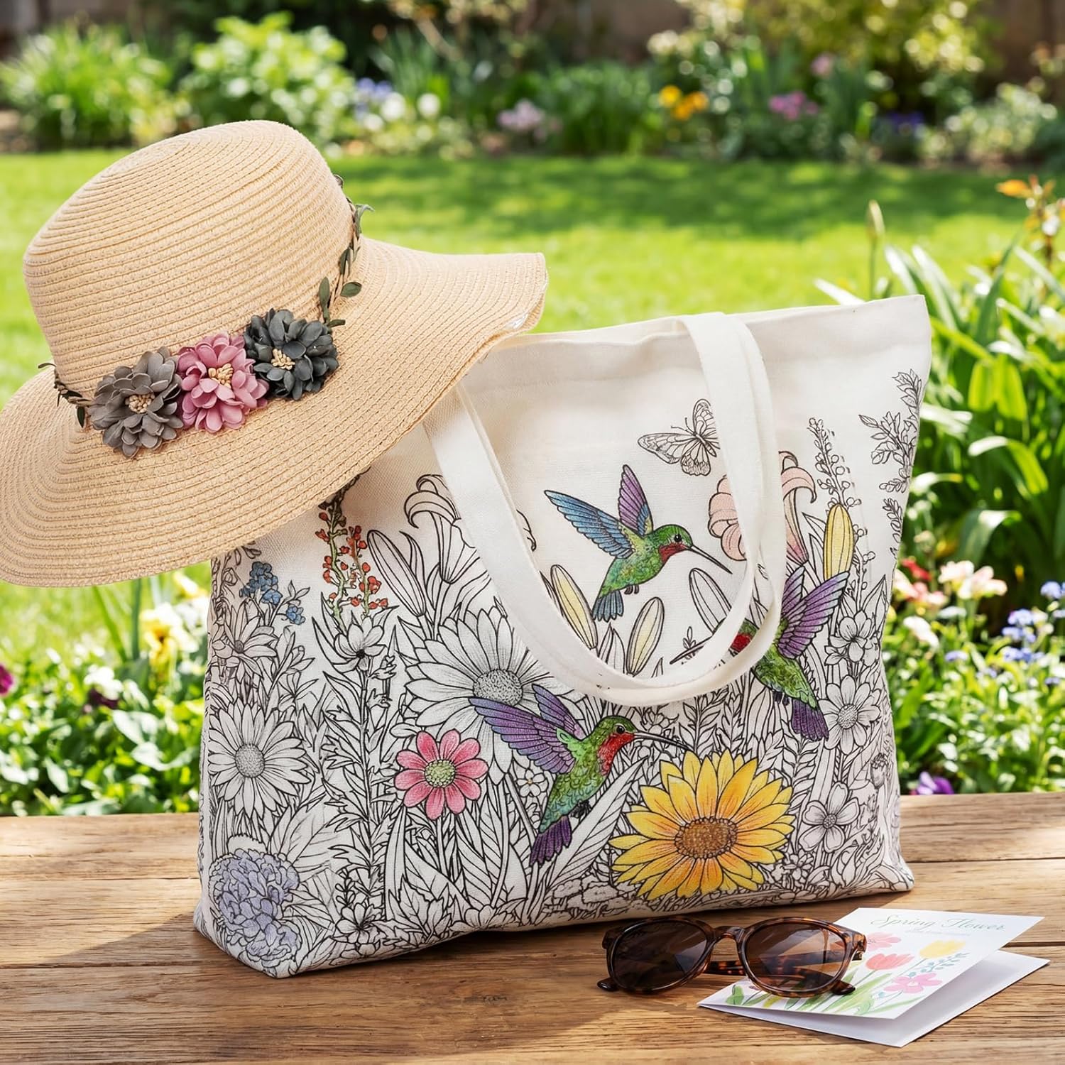 Mindsoft Color Your Own Tote Bag for Adults Craft Kits with 24 Acrylic Markers Colour Makeup Bag DIY Painting Art Kit for Women, 17.7 x 13.3 x 3.9 Inches (Spring)