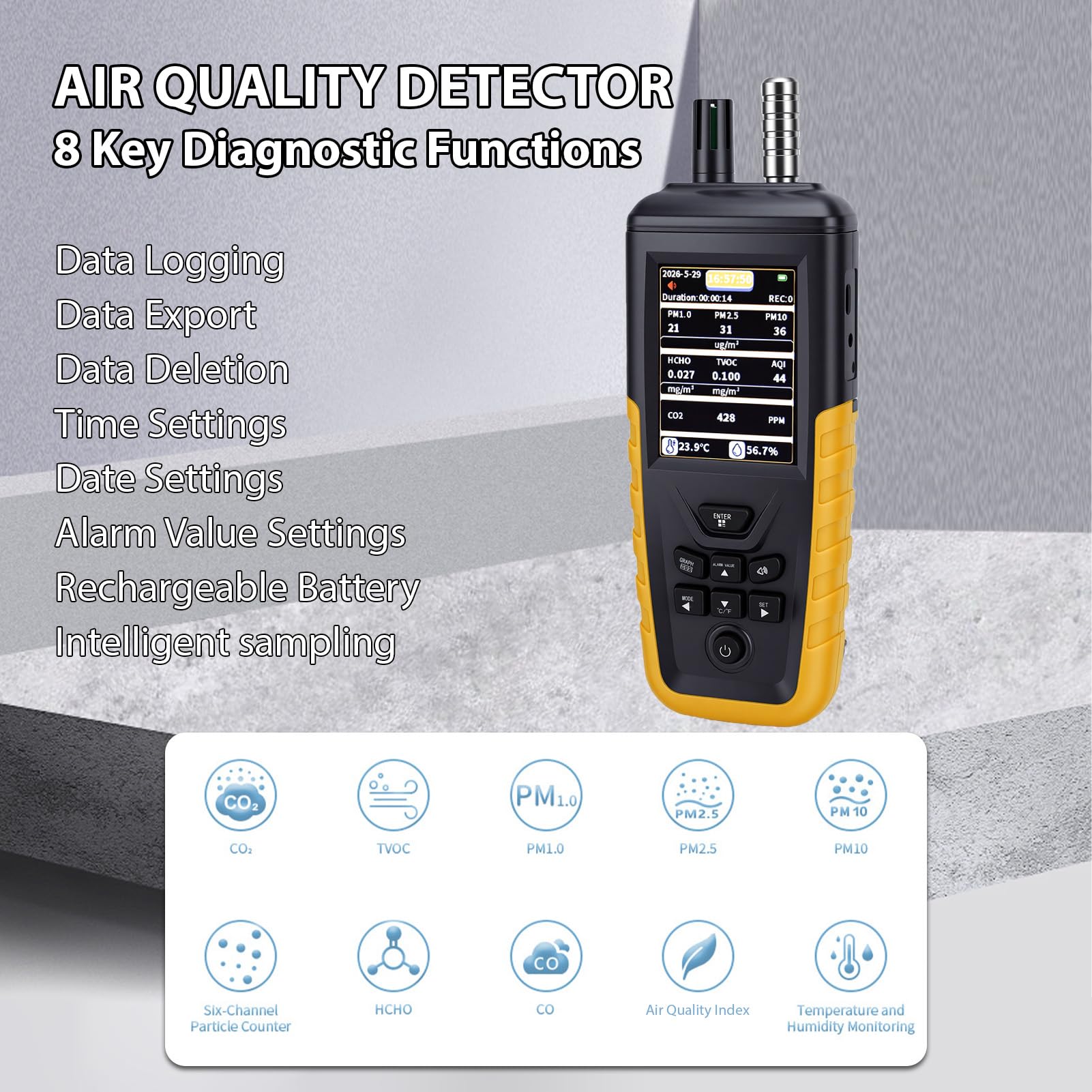 Luftqualitätsmonitor, Tester, Staubpartikelzähler, CO2, VOC, Formaldehyd, Luftqualitätsmessgerät, PM1,0, PM2,5, PM10, Temperatur, Luftfeuchtigkeit, 2200 MAh, Batterie für