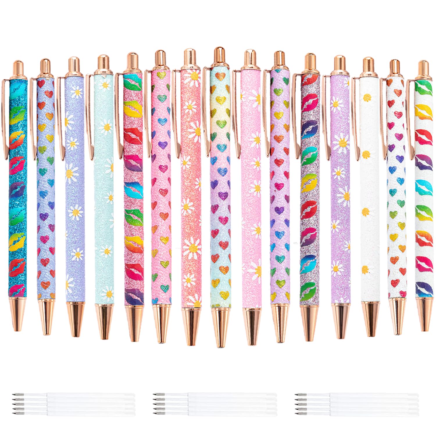 TAIKUU 久の物 15 Pack Fancy Pens Pretty Cute Pens Glitter Ballpoint Pens with Metal Barrel Retractable Writing Pens Black Ink Medium Point Pretty Pens Journaling Pens for Women Girls