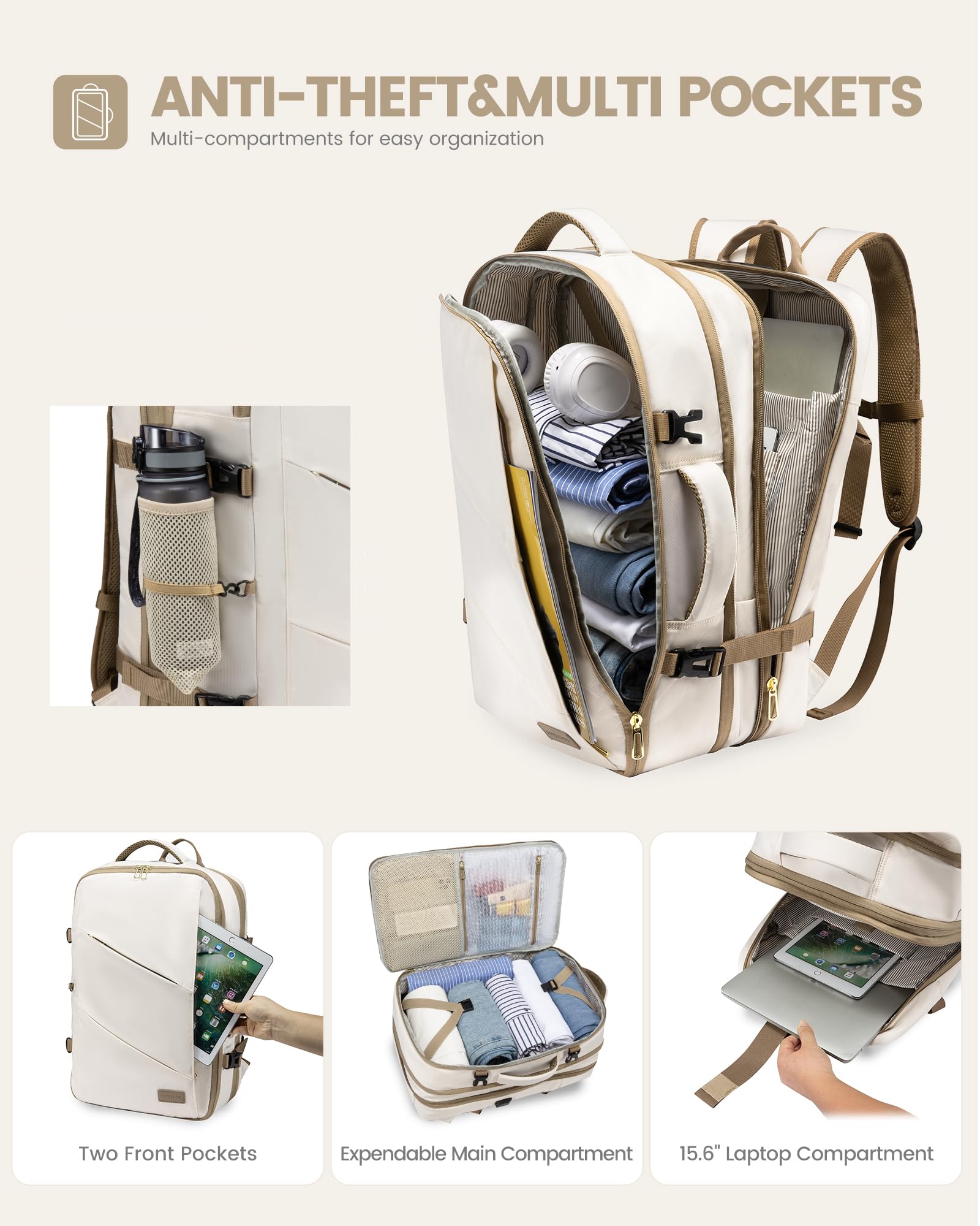LOVEVOOK Zaino Da Viaggio Borse Da Cabina Per Easyjet Ryanair Zaino Aereo Bagaglio A Mano Uomo Donna Zaino Porta PC 17,3 Pollici Zaino 40 Litri Grande Trekking Travel Bag Zaino Beige Cachi
