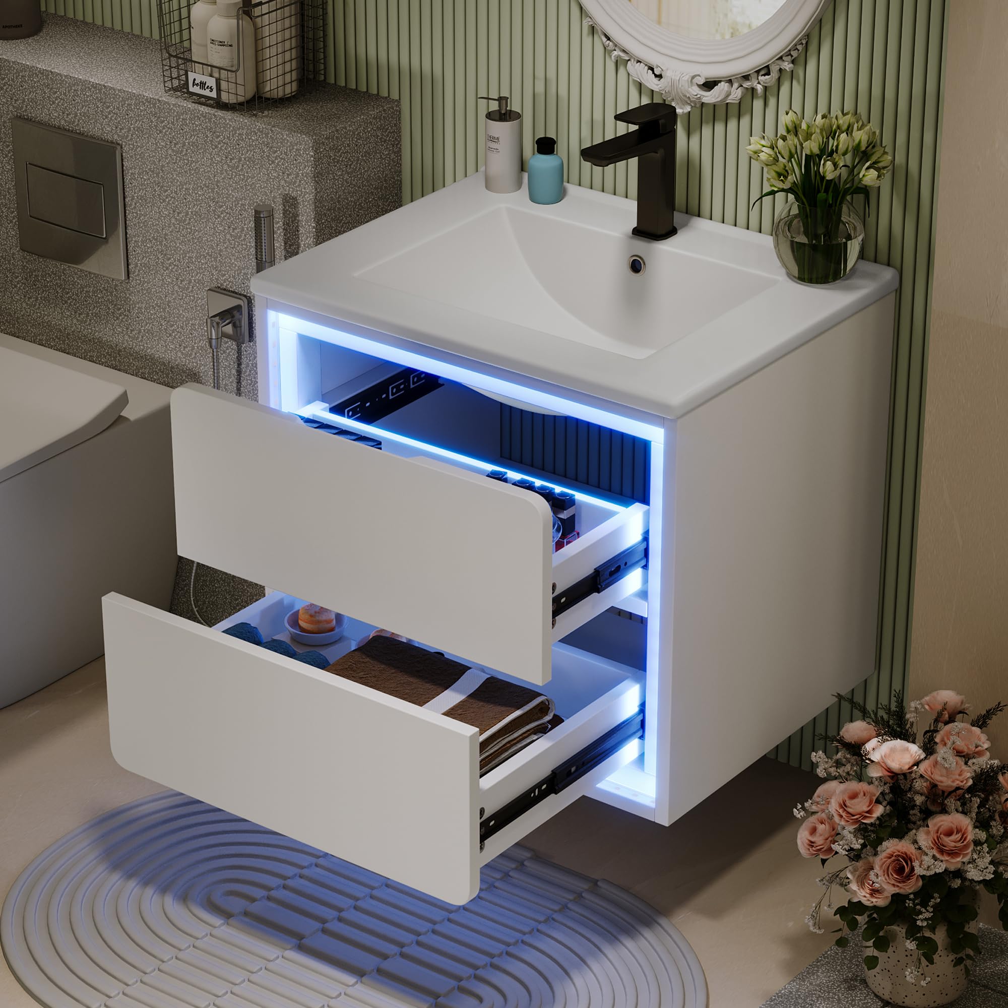 Merax Waschbecken mit Unterschrank Badmöbel-Set mit LED-Radarsensor-Beleuchtung, integriertes Keramikwaschbecken, Zwei leise Schubladen, Sprühlackiertechnologie, 60x46x50 cm,Weiß