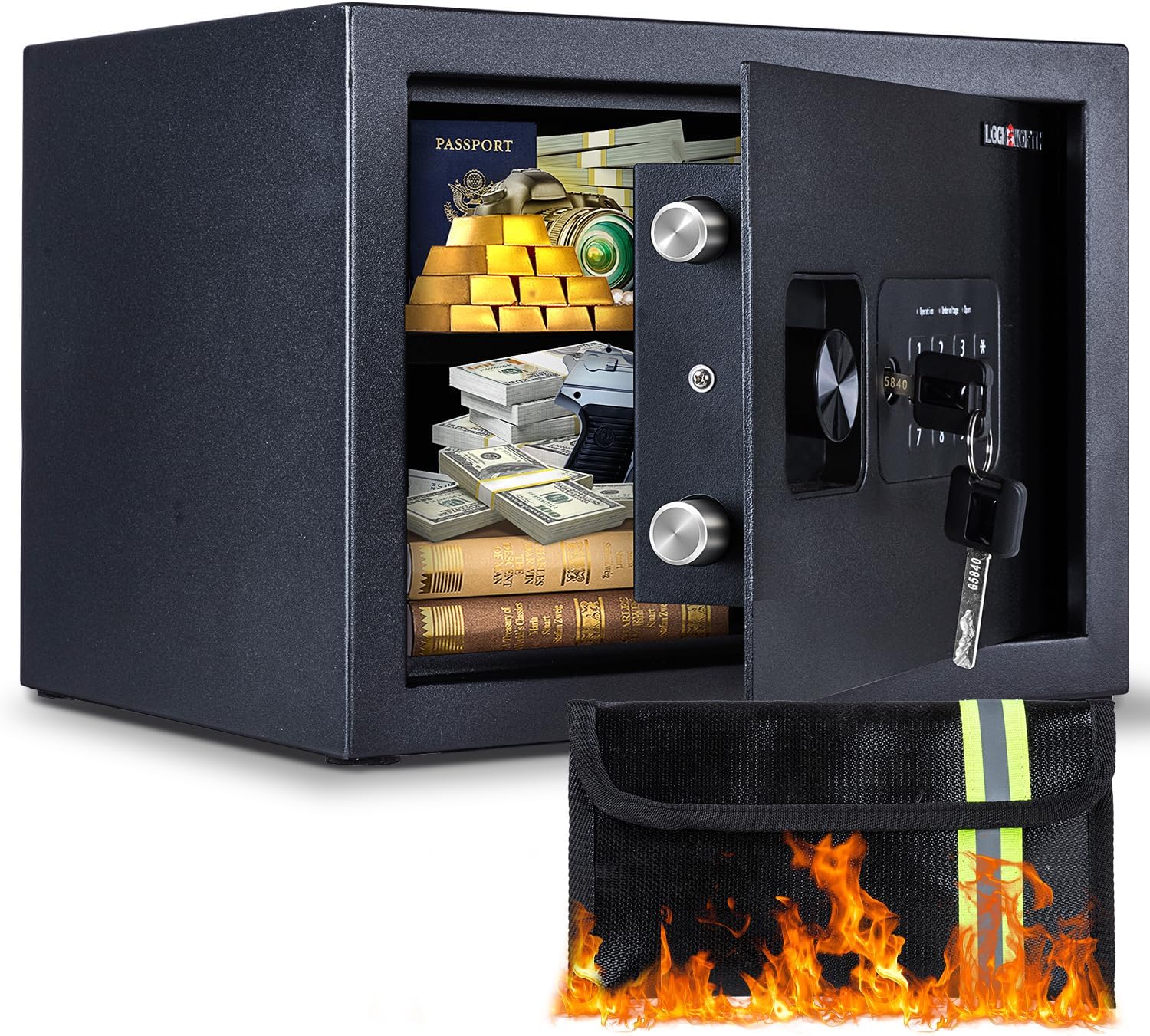 Safe Box, 0.8 Cubic Feet Home Safe, Electronic Digital Keypad, Alarm System, W/Fireproof Bag, Removable Shelf, Money Box for Money Documents, Home Use,9.84"D x 13.78"W x 9.84"H