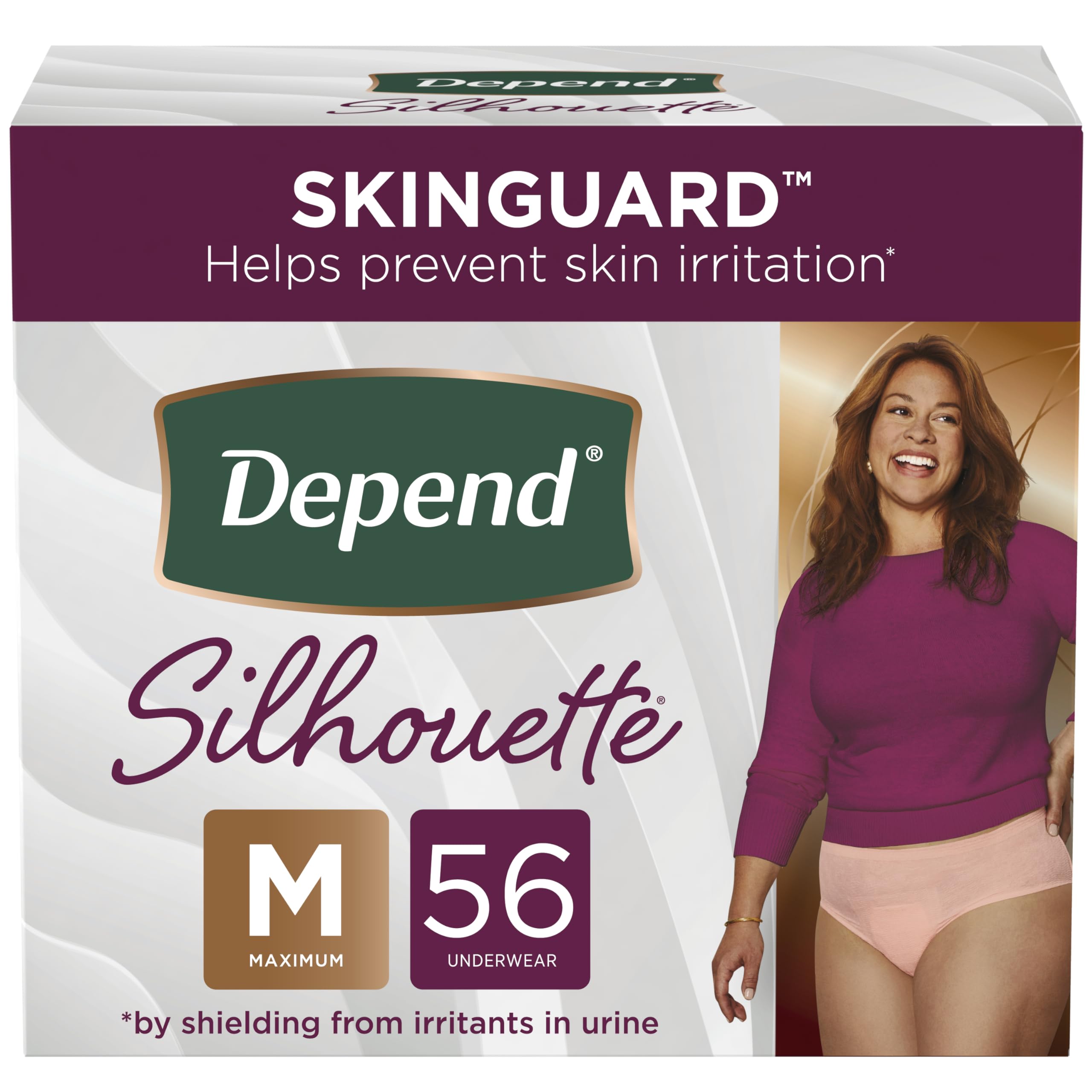 Depend Silhouette Adult Incontinence and Postpartum Underwear for Women, Medium (32–42" Waist), Maximum Absorbency, Pink, 56 Count (2 Packs of 28)