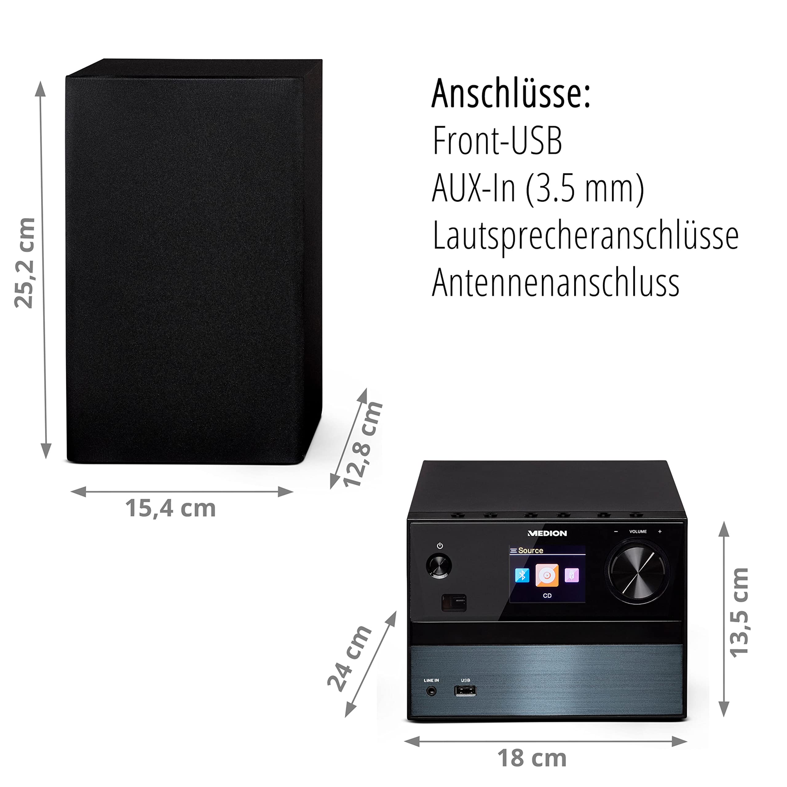 MEDION P64014 Micro Audio System Kompaktanlage (DAB+, CD-Player, PLL UKW Radio, Bluetooth, USB Anschluss, AUX) Titan