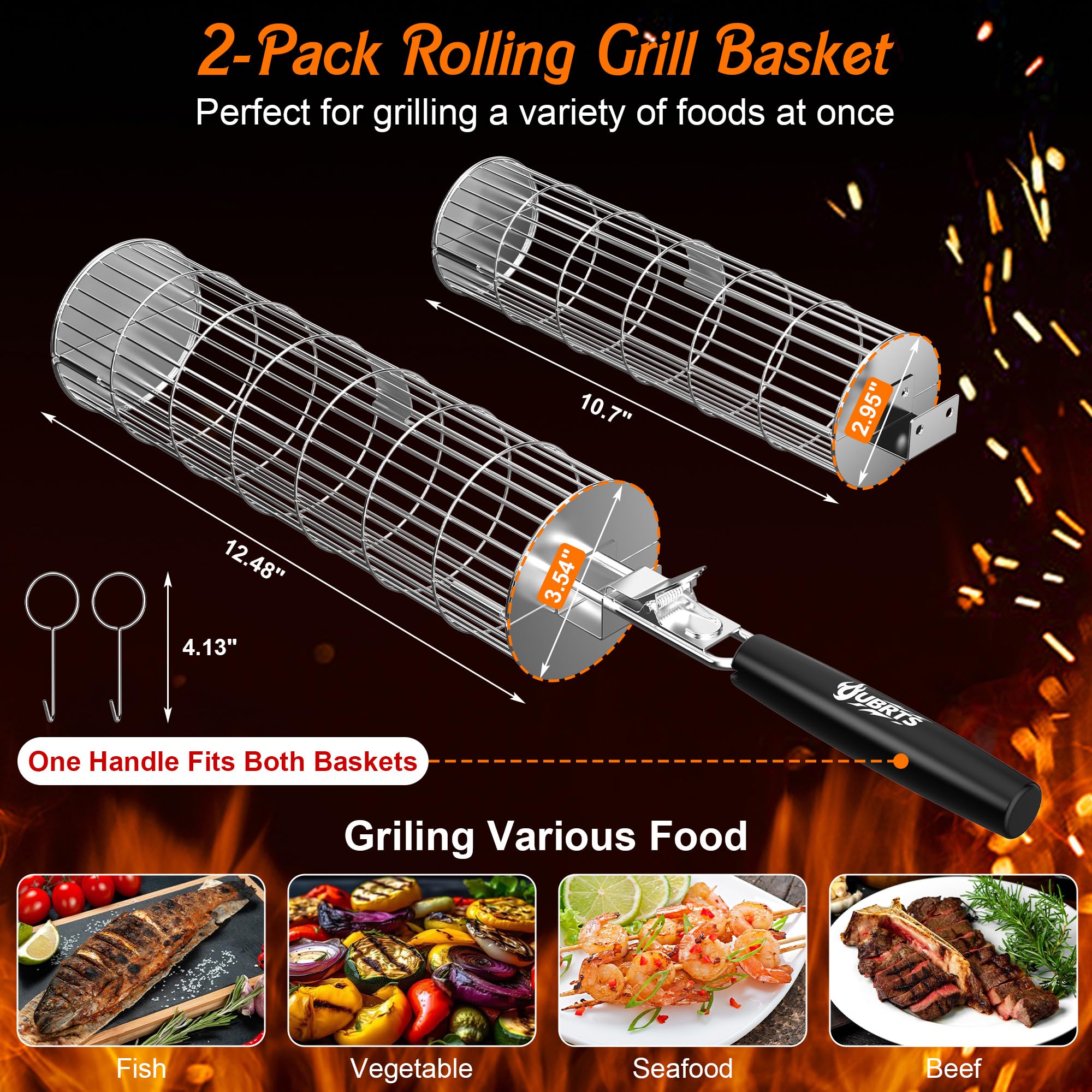 Rollender Grillkorb mit 1 Abnehmbarem Holzgriff, 2-teiliges Set Nestbar Edelstahl-Grillkörbe, Grill Zubehör Grillzubehör für Grillkorb Gemüse, Fisch, Meeresfrüchte, Geschenkidee für Männer, Väter