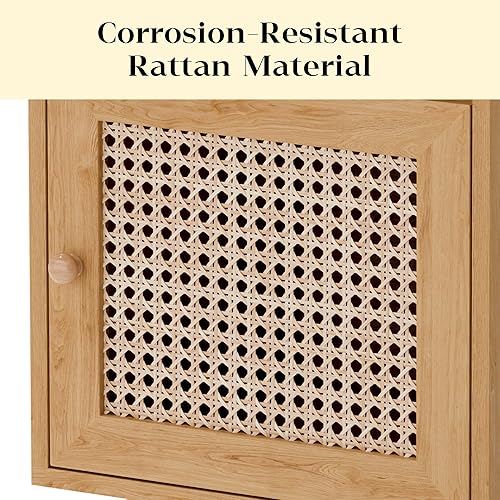 Miniatura 17 de Xilingol Moderna mesita de noche de ratán con estación de carga, mesa auxiliar bohemia con puerta decorada de ratán hecha a mano, mesita de noche de